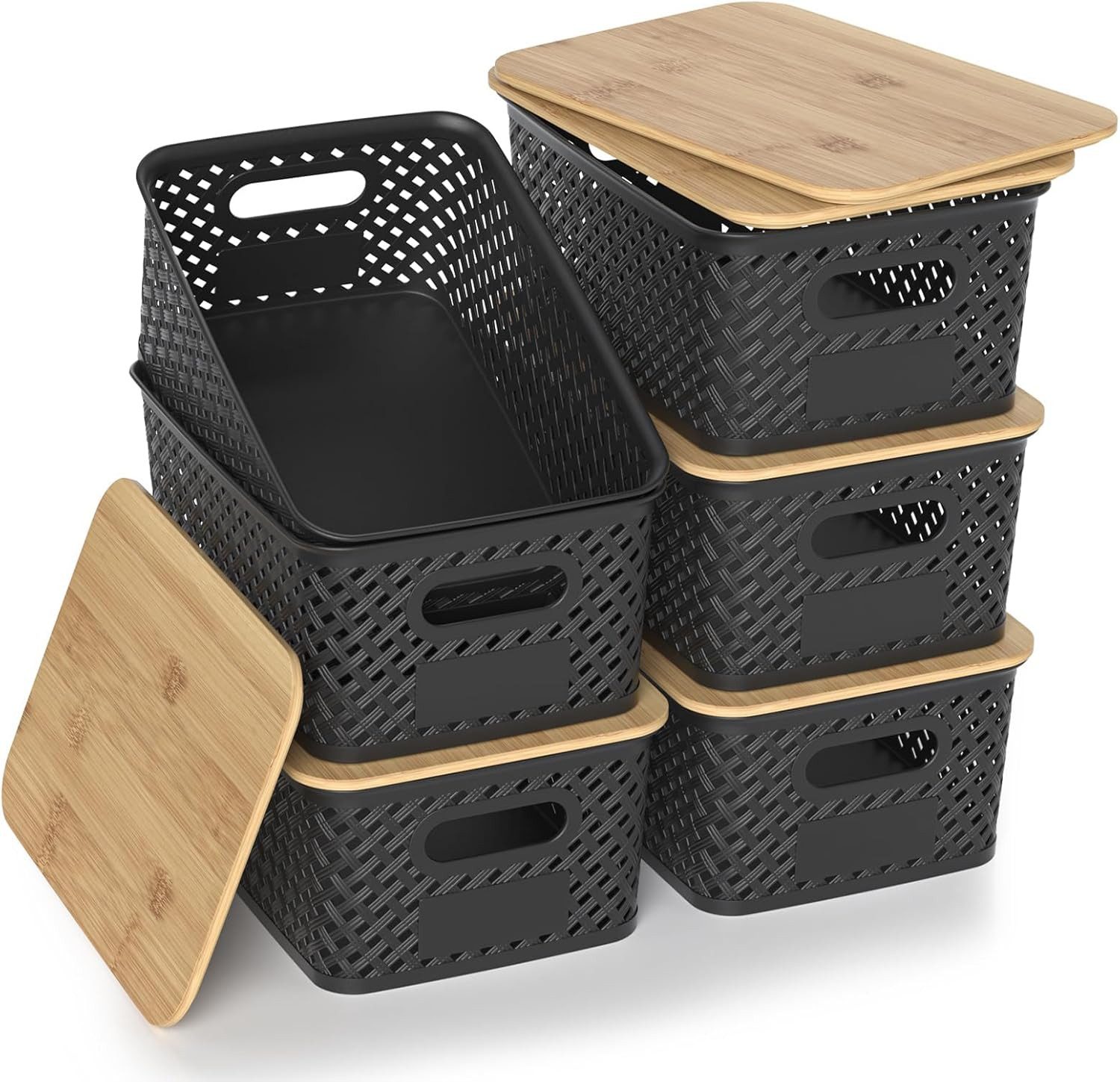 BlingBin Aufbewahrungsbox 6er-Set Aufbewahrungskorb mit Bambus Deckel, 5L Kunststoff Korb (6er Set, 6 St., 25,4 × 18,4 × 10,7 cm), Küchen Aufbewahrungsboxen für Regale, Schränke, Schränke und Zuhause