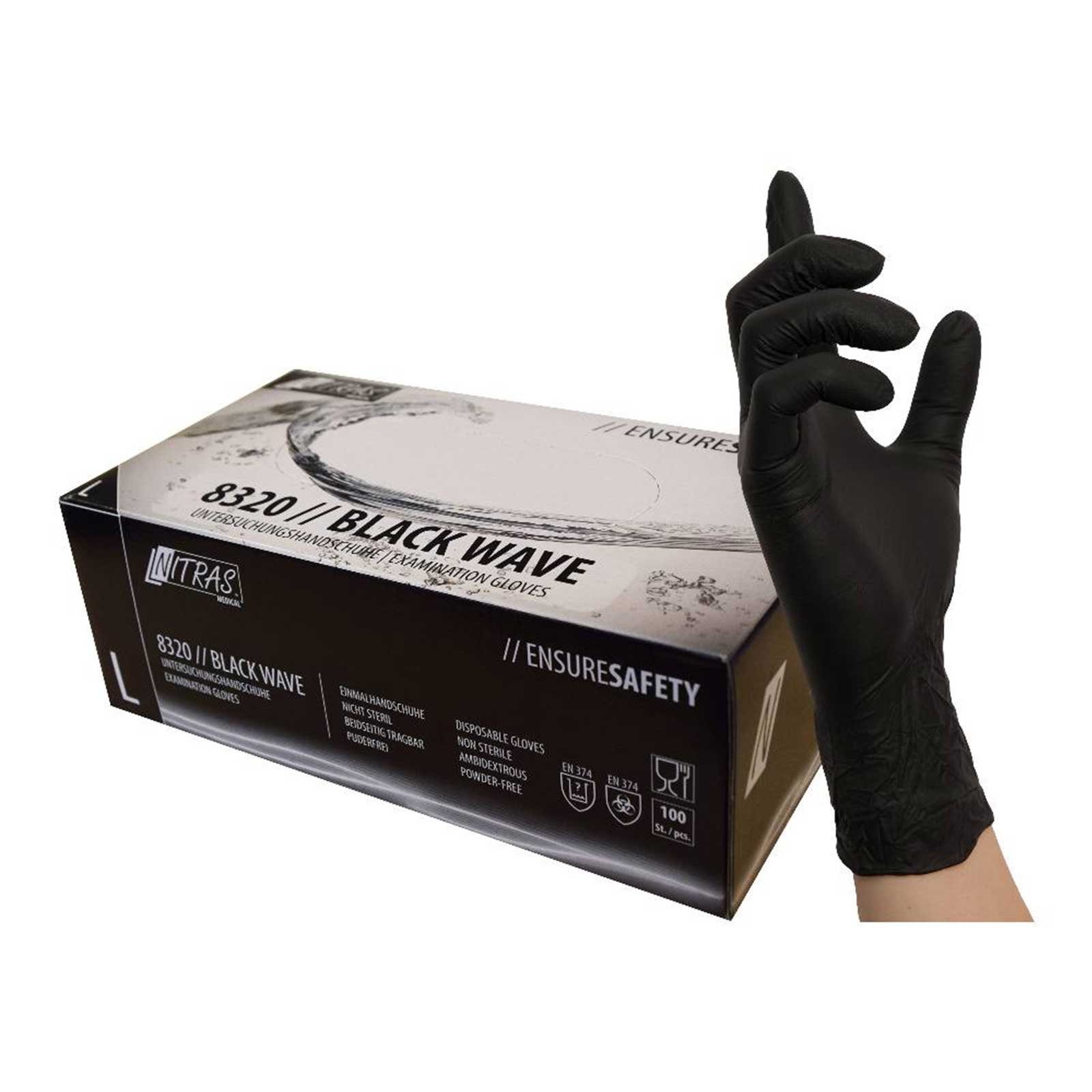 - 10x 100 8320 Wave Nitras Medical Einmalhandschuhe (Spar-Set) Black NITRAS Stück Nitril-Handschuhe puderfrei