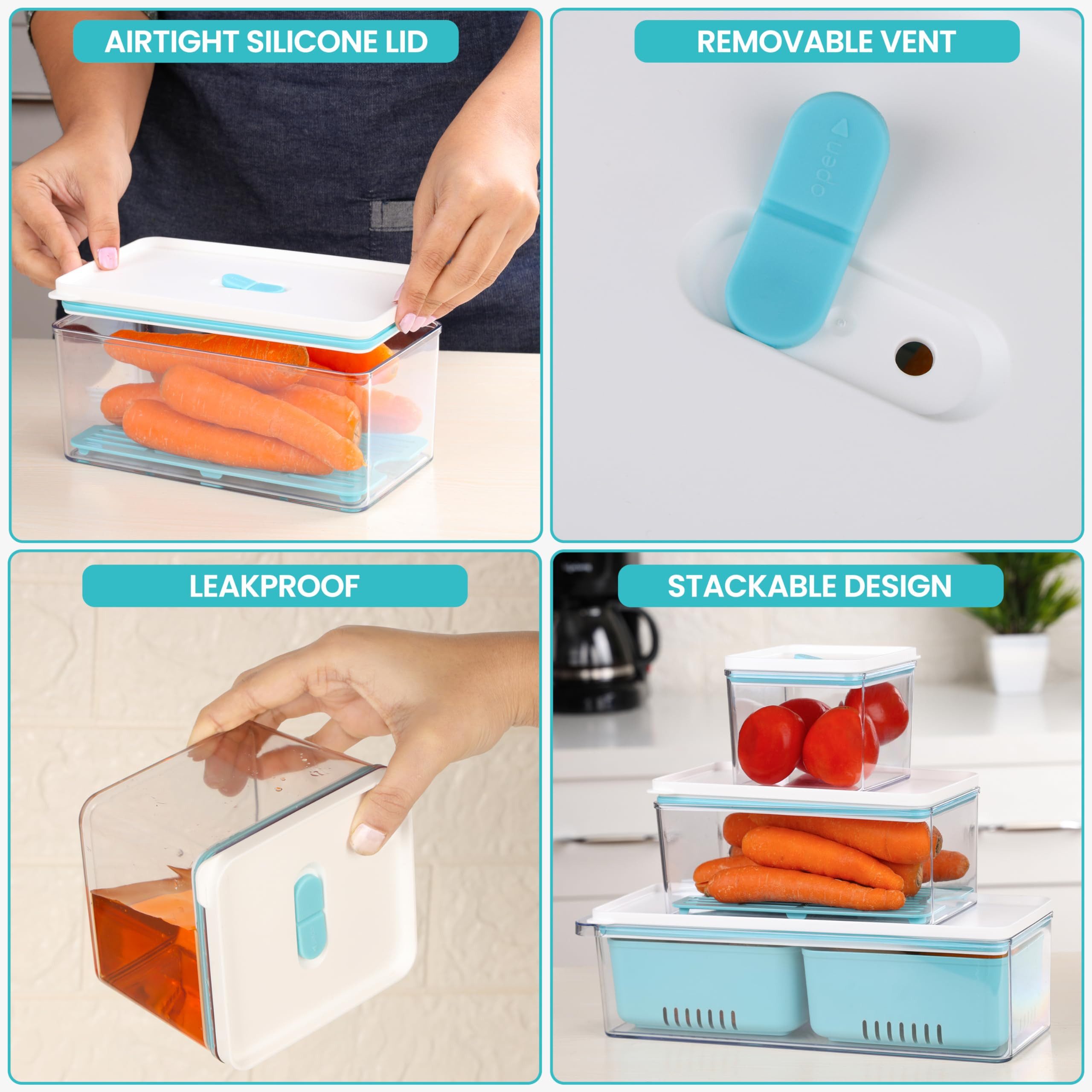 Belle Vous Aufbewahrungsbox BELLE VOUS Gemüsebox 3er-Pack stapelbar mit Deckel und Abtropfkorb (3 St) – Bild 4 von 5