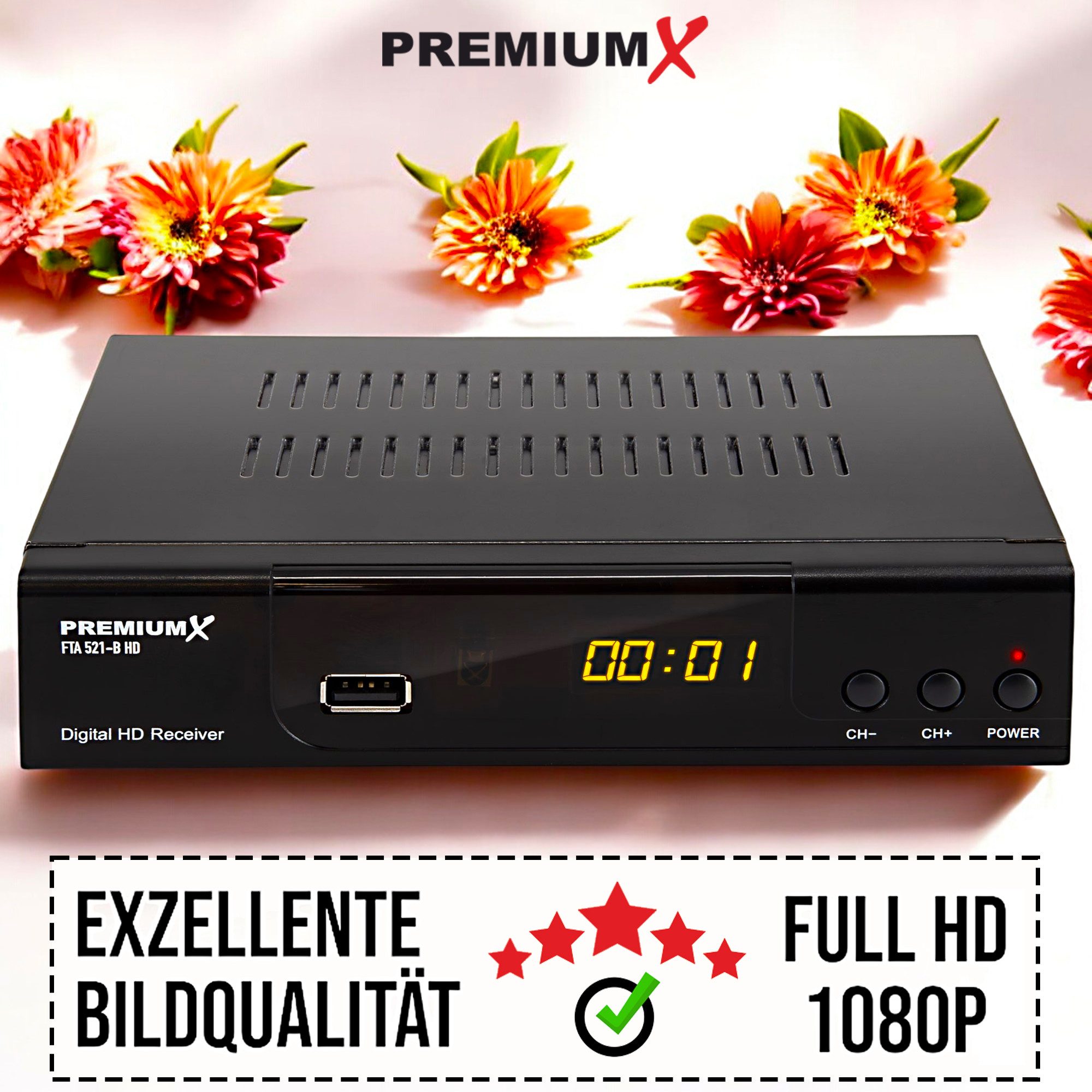 PremiumX HD 521 B FTA Digital SAT Receiver DVB-S2 HDMI SCART USB 12V FullHD SAT-Receiver