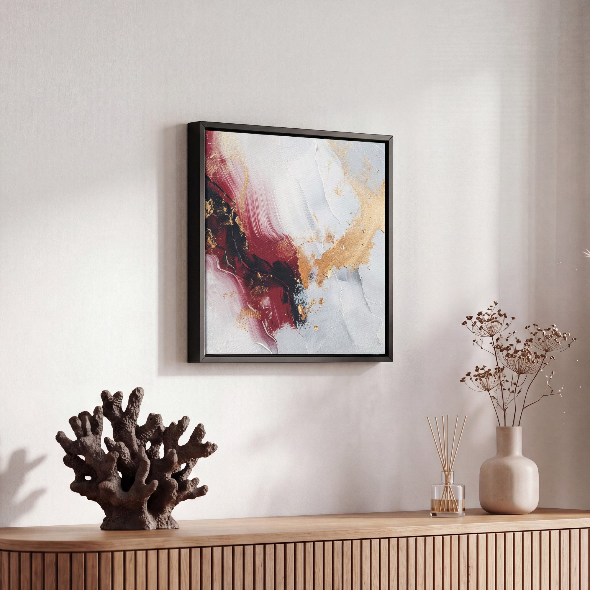 OneMillionCanvasses® Leinwandbild mit Rahmen - Rot - Abstrakt - Gold - Modern, Fotodruck (1 St), Leinwand Bilder Klein, Wand Dekoration Aesthetic 20x20cm – Bild 5 von 5