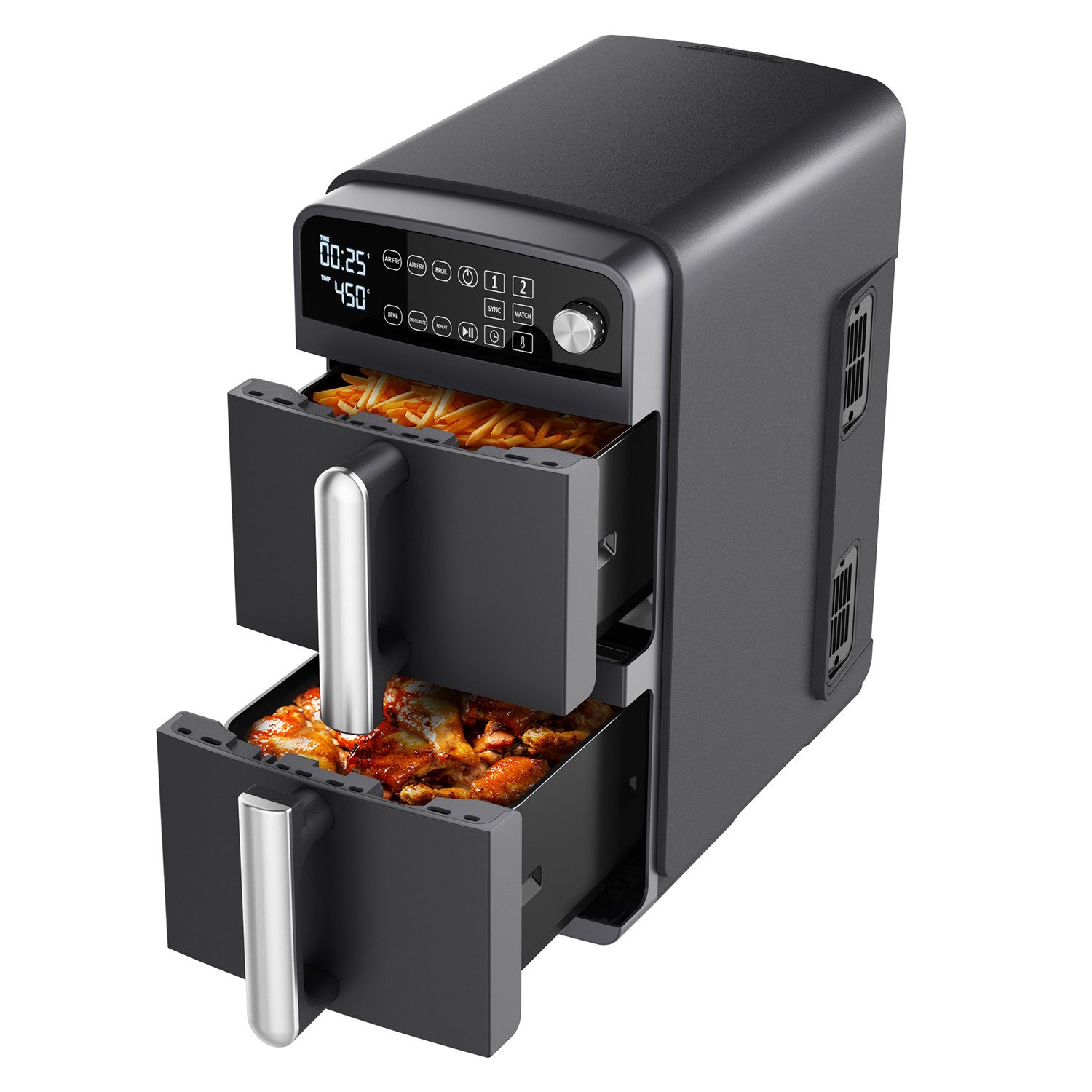oyajia Heißluftfritteuse Heißluftfritteuse XXL Dual Zone, 2 vertikale Schubladen, 4 Kochstufen, 2600,00 W, 2 Einschübe, platzsparendes Design, 10 L Fassungsvermögen