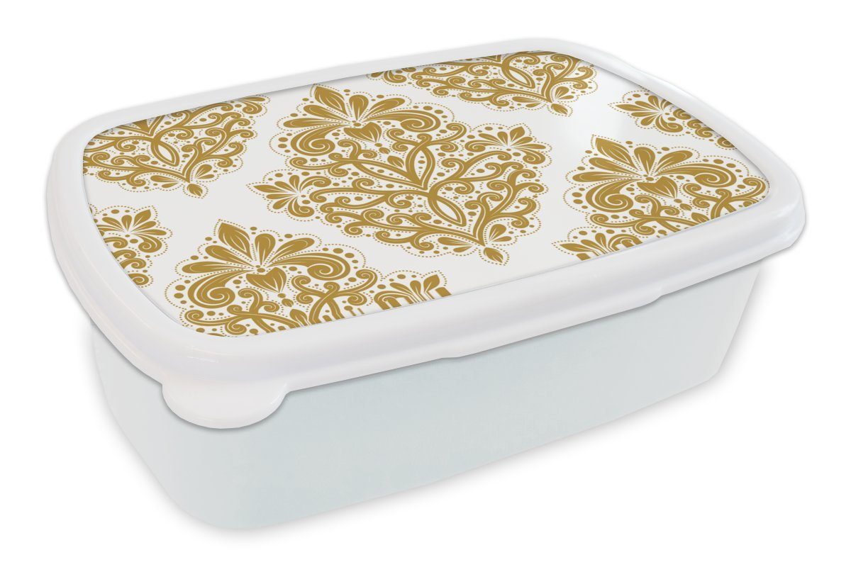 MuchoWow Lunchbox Vintage - Blumen - Gold - Muster, Kunststoff, (2-tlg), Brotbox für Kinder und Erwachsene, Brotdose, für Jungs und Mädchen weiß