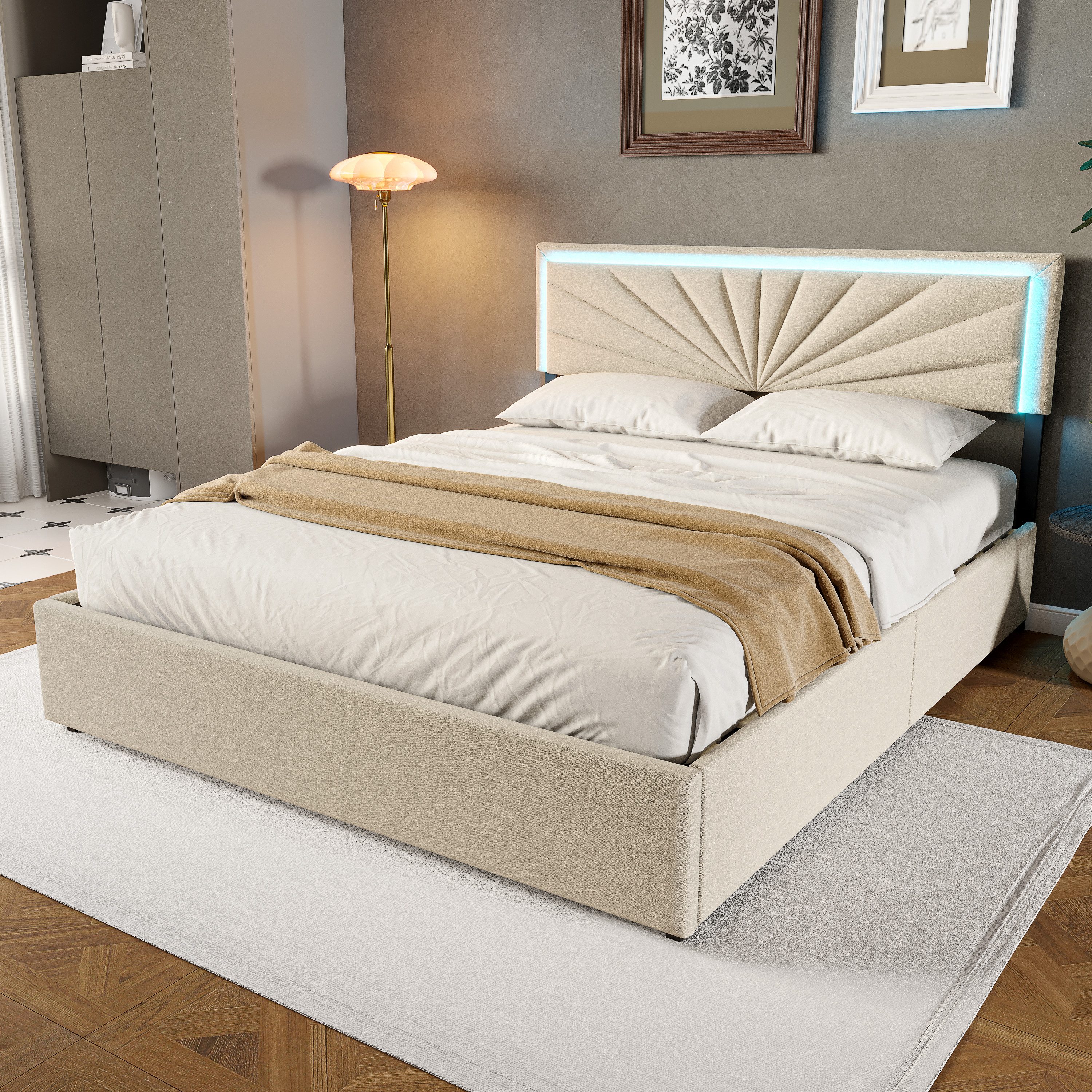 PXloue Polsterbett LED Doppelbett mit 4 Schublade (Für Jugendliche geeignet günstig online kaufen