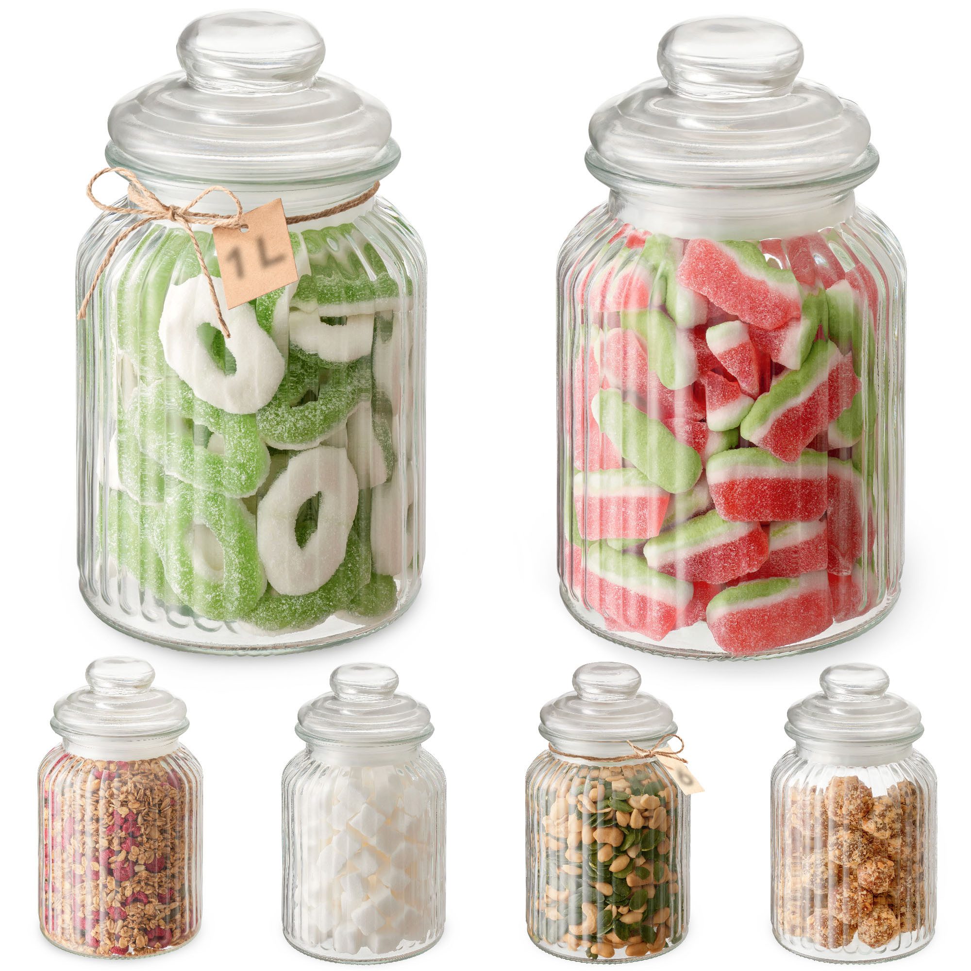 Praknu Vorratsglas 6er Set Bonbonglas mit Deckel Groß 1L - Candy Bar Gläser - Luftdicht, Glas, (Set, 6-tlg), Candy Bar Gläser - Luftdicht - Mit Etiketten - Für Kekse, Süßigkeiten