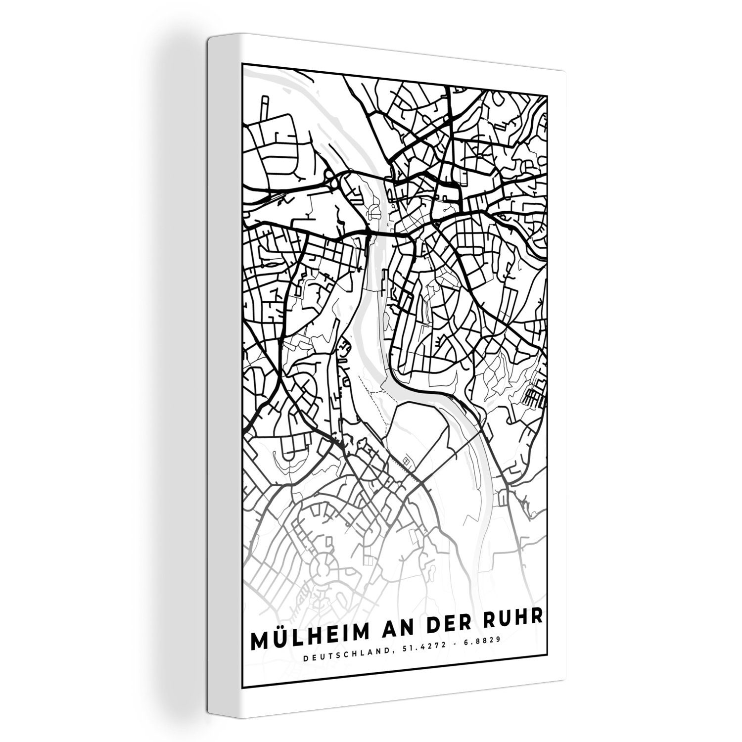 Karte (1 fertig OneMillionCanvasses® Karte - Mülheim Gemälde, Leinwandbild St), - der an Leinwandbild Stadtplan, inkl. 20x30 Zackenaufhänger, bespannt cm Ruhr -