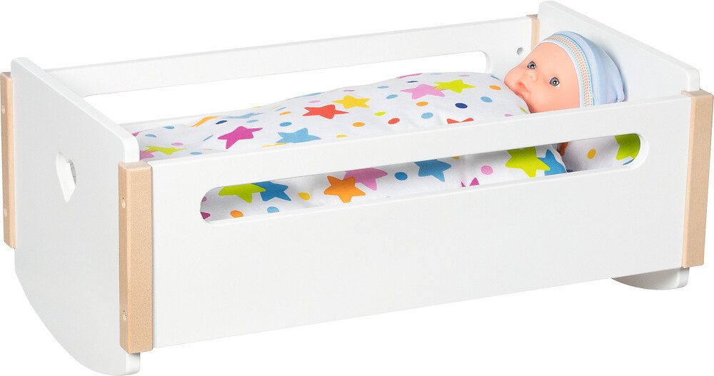 goki Puppenbett Puppenwiege Herz, weiß & natur, Holz-Puppenbett mit Schaukelkufen