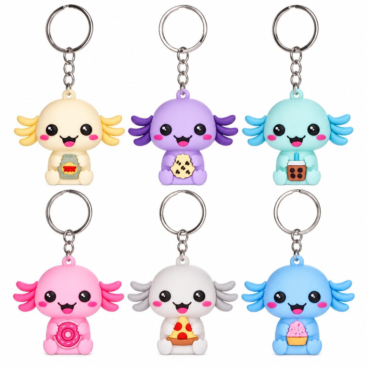 Kawaii Schlüsselanhänger Set Axolotl Schlüsselanhänger 3D 6er Set Kawaii Kuties ca. 4,5 cm (Set, 6-tlg., Geschenk-Set), 6 niedliche 3D-Axolotl mit Snack-Motiven im kompletten Sammelset