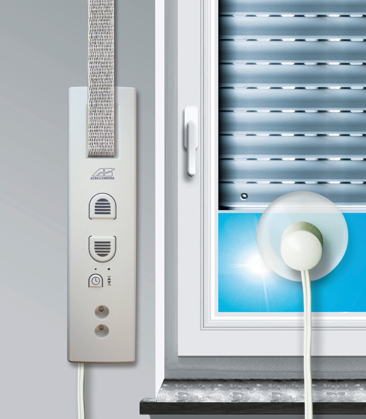 SCHELLENBERG Sensor für elektrische Gurtwickler RolloDrive 35 und 45, Sonnensensor, Kabellänge 1,5 m, weiß