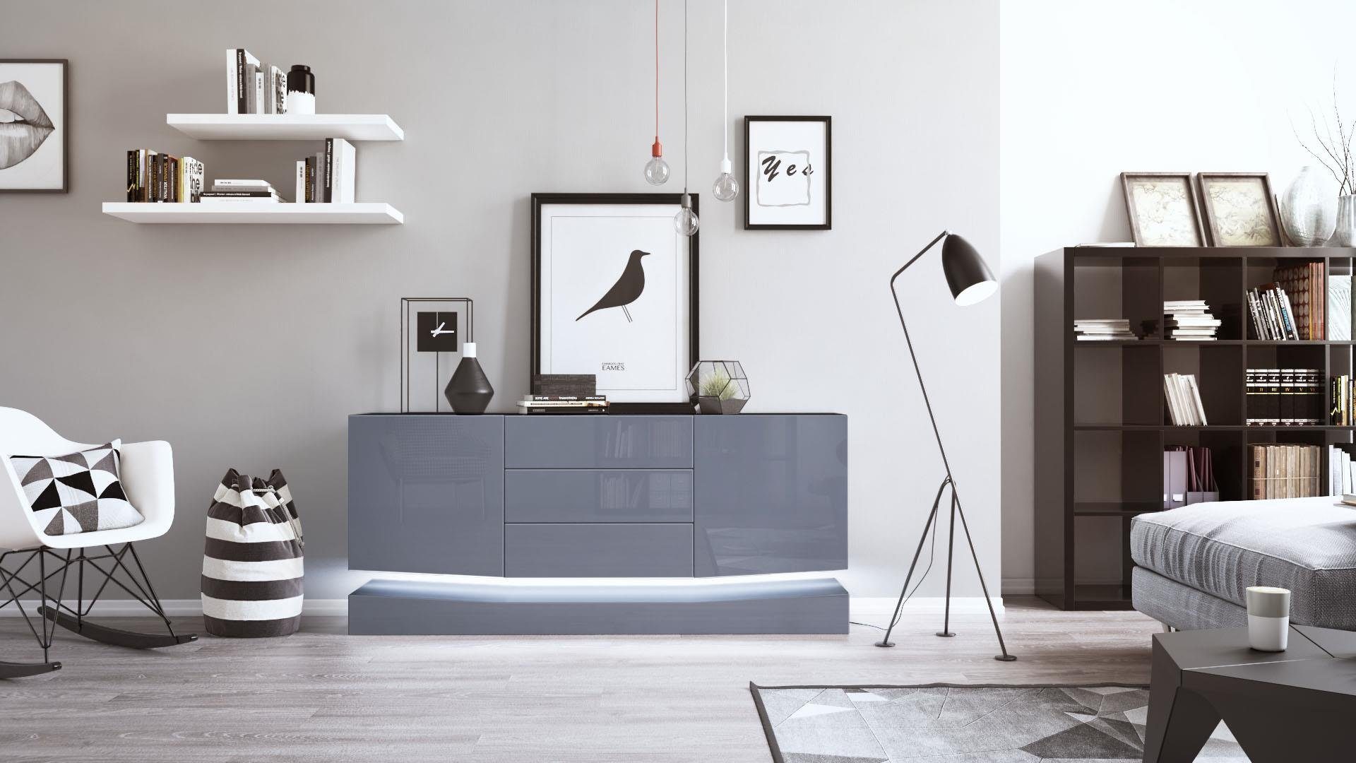 Vladon Sideboard City (Kommode mit 2 Türen, und 3 Schubladen inkl. LED-Beleuchtung), Schwarz Hochglanz/Grau Hochglanz (178 x 72 x 38 cm)