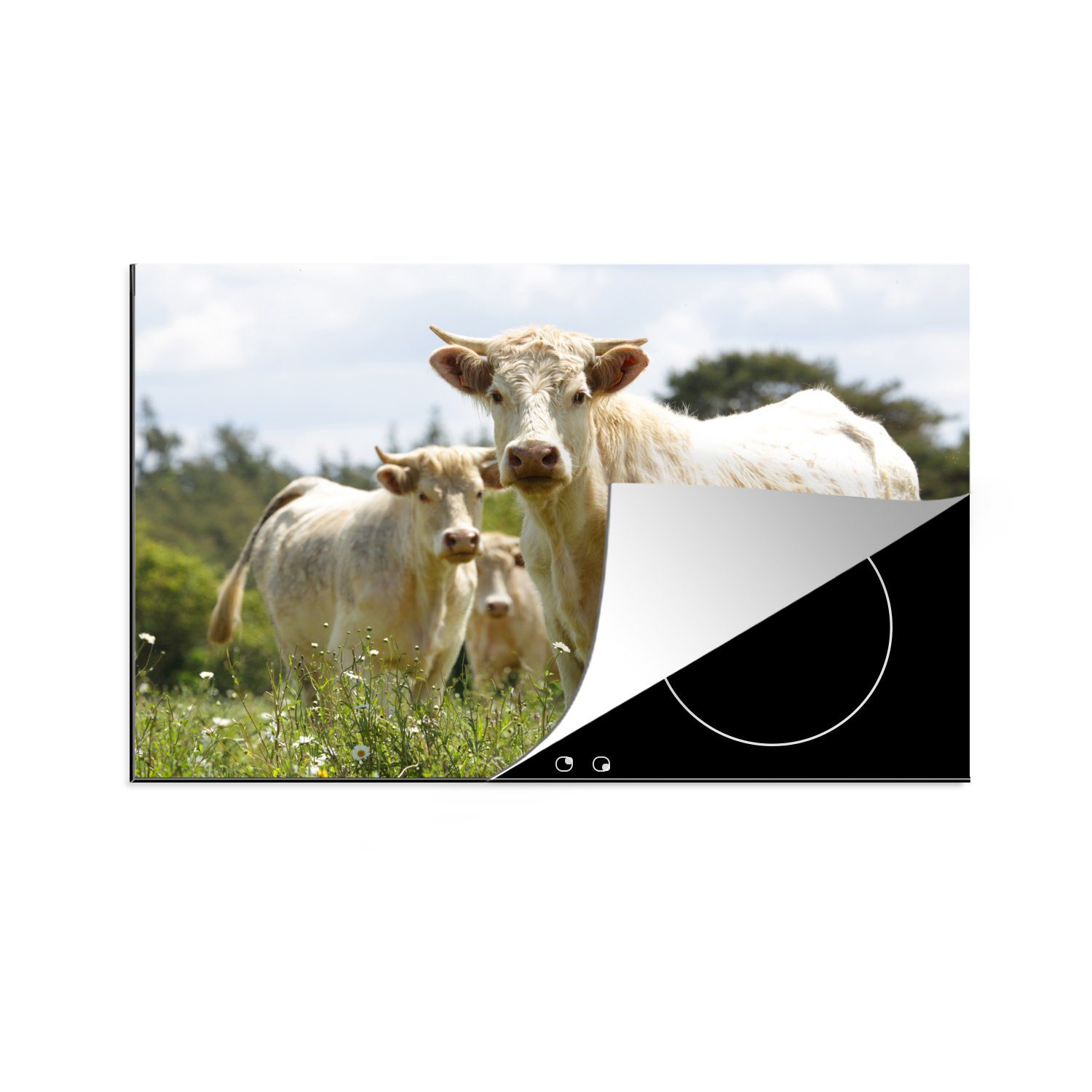 MuchoWow Herdblende-/Abdeckplatte Kühe - Blumen - Weiß, Vinyl, (1 tlg), 81x52 cm, Induktionskochfeld Schutz für die küche, Ceranfeldabdeckung