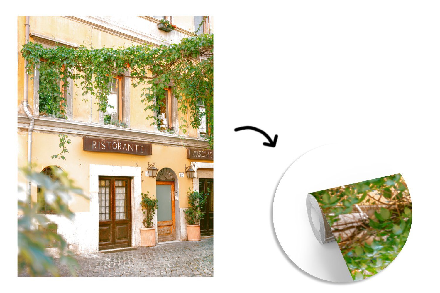 St), Restaurant Montagefertig Matt, - Pflanzen - bedruckt, Wandtapete Tapete Rom - Gelb Vinyl - Tür, für Wohnzimmer, Fototapete (4 MuchoWow