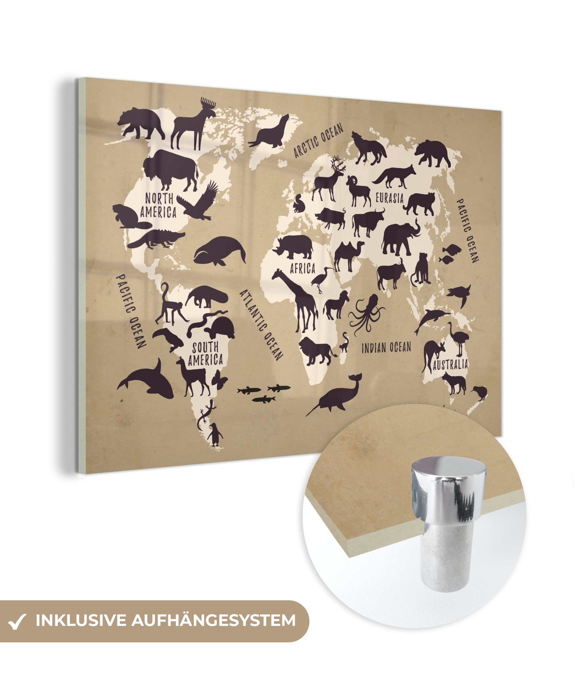 MuchoWow Acrylglasbild Weltkarte - Tiere - Welt, (1 St), Glasbilder - Bilder auf Glas Wandbild - Foto auf Glas - Wanddekoration