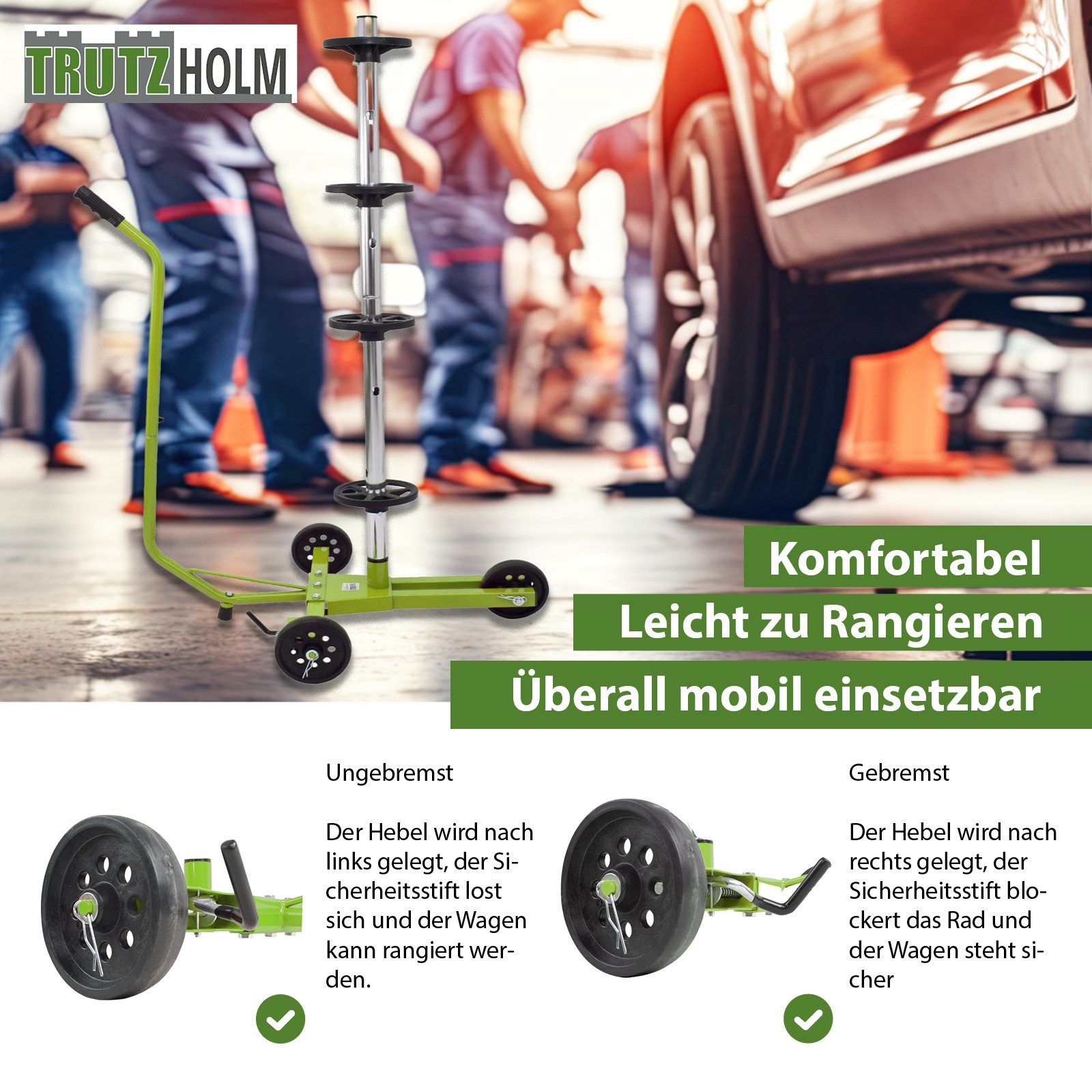 TRUTZHOLM Wheeled Tire Rack Trolley, Single Handle, Tire Stand, Car Tire Cart, Rim Stand for Cars, for 4 Tires, up to 720 mm Tire Width, 1 Piece, Space-Saving