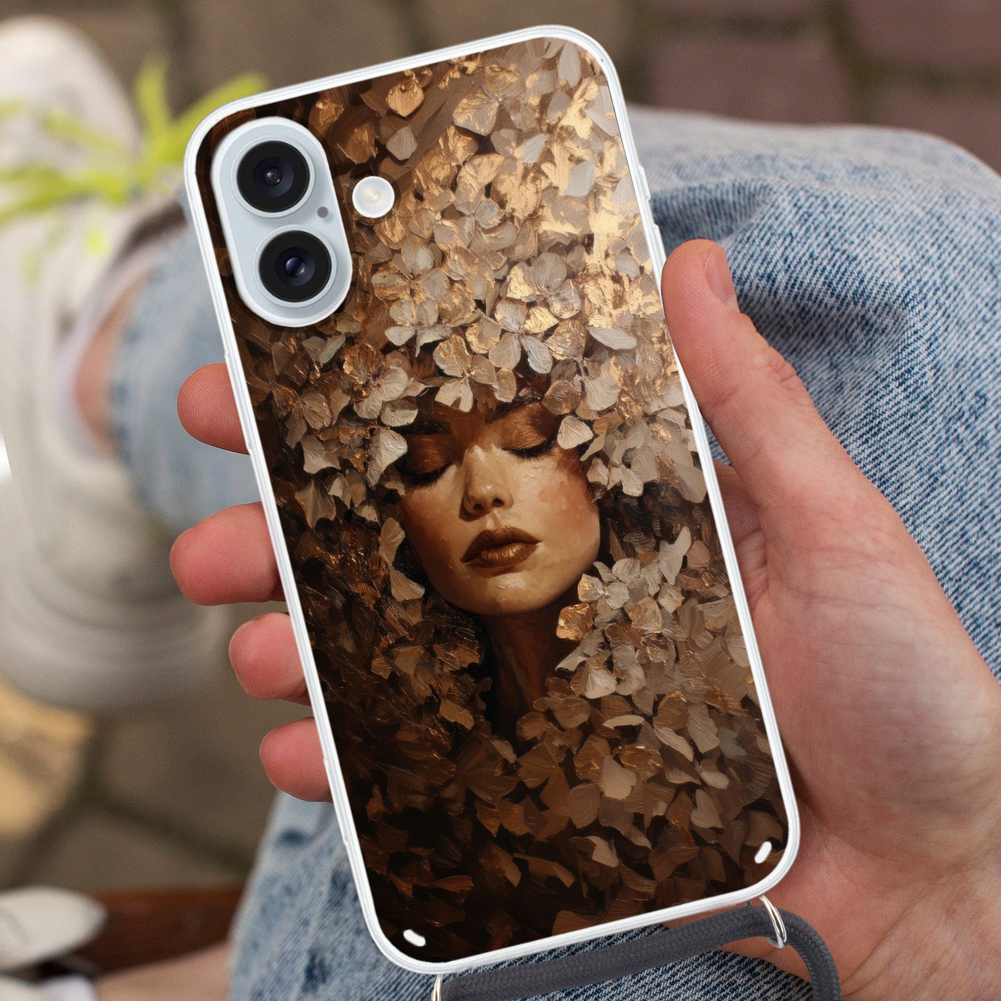 MuchoWow Handyhülle für Apple iPhone 16 Plus Gesicht - Dame - Blätter - Pinselstriche, Tragbare Handyhüllen mit Kette zum umhängen, Handykette Handyband