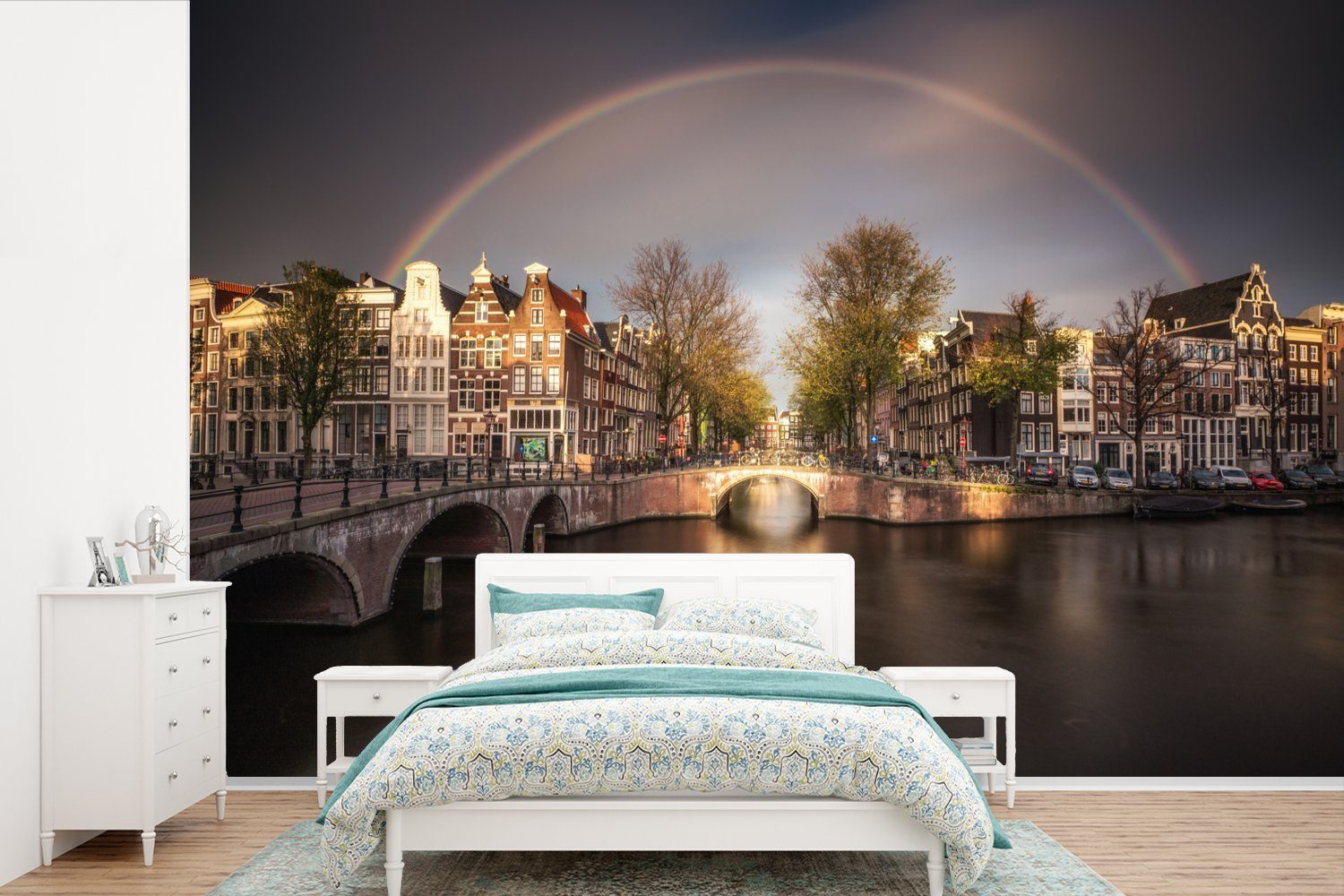 MuchoWow Fototapete Amsterdams Keizersgracht unter einem Regenbogen, Matt, bedruckt, (6 St), Wallpaper für Wohnzimmer, Schlafzimmer, Kinderzimmer, Vinyl Tapete