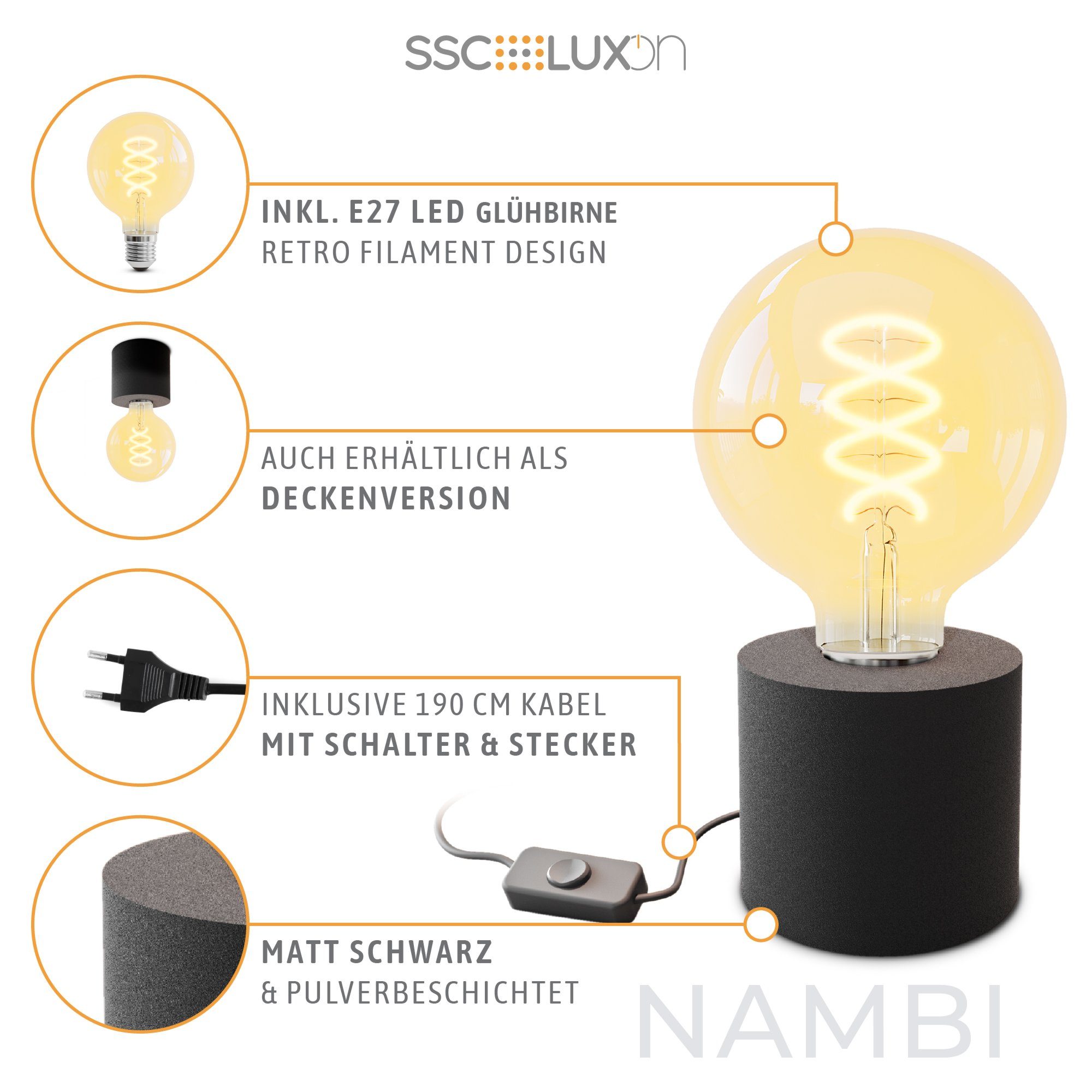 SSC-LUXon LED schwarz Tischlampe & Steckerkabel mit LED Bilderleuchte E27 Globe, Warmweiß Extra Wand- mit NAMBI