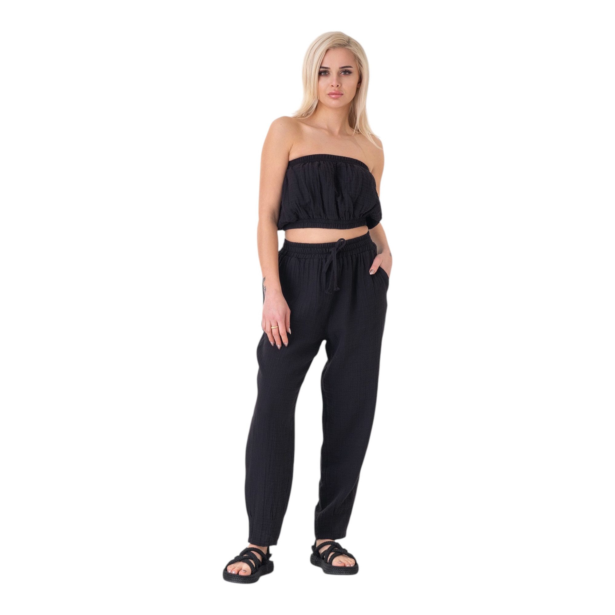 WENOR Stoffhose Damen Musselin 100% Baumwolle Tapered Sommerhose Knöchellänge, elastischer Bund, lässiger Style