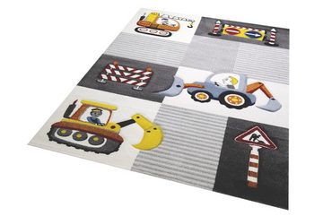 Kinderteppich Spiel Teppich Kinderzimmer Baustelle Straßenschilder Bagger Kran creme grau gelb, Carpetia, rechteckig, Höhe: 13 mm