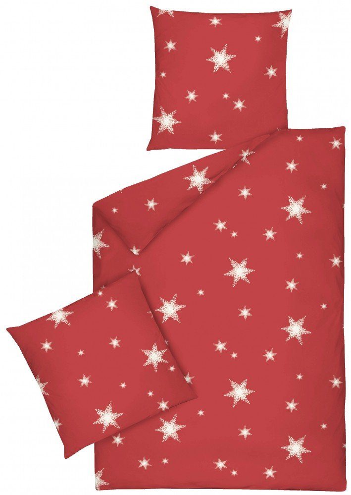 Bettwäsche JACK by Dormisette Fein Biber Bettwäsche Stern Sterne Rot Weiß, JACK, Biber, 3 teilig, 200x220 / 240x220 cm, Übergröße, Biberbettwäsche mit Sternenmotiv