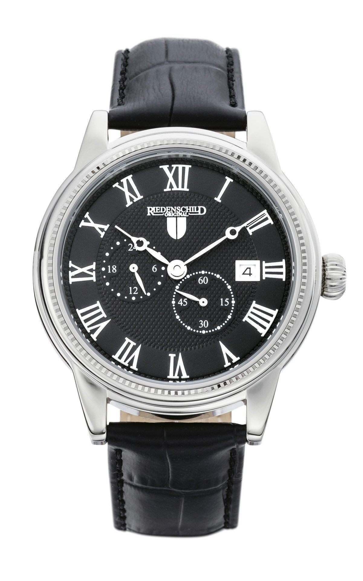 Riedenschild Automatikuhr RS7609-01, 42 mm – Herrenuhr mit schwarzem Lederband, Edelstahlgehäuse – Klassisches Design mit Sichtboden