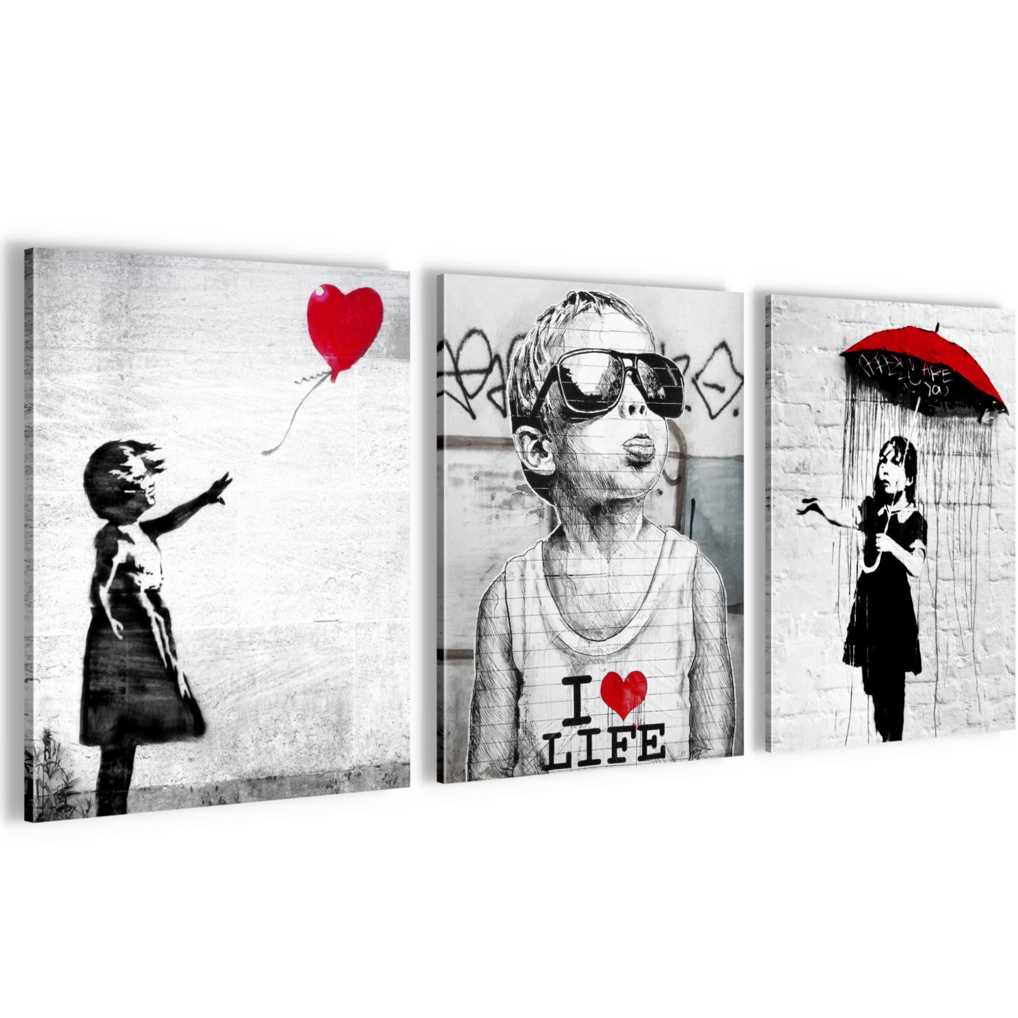 Novart Wandbild Wandbilder Set Banksy Style Collage - 3 Bilder Wohnzimmer Streetart, Kinder