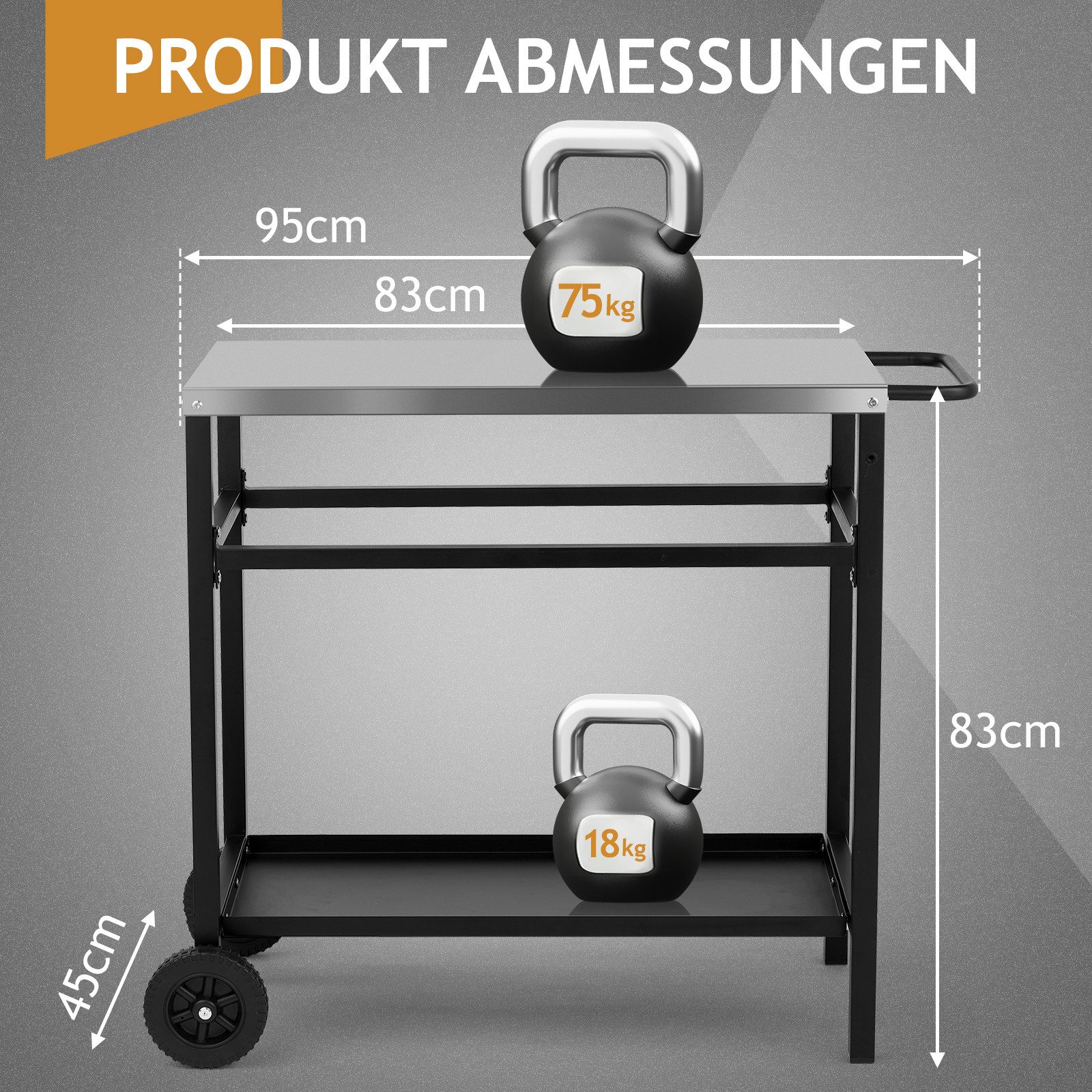LALAHO Grillablagetisch Grilltisch Outdoor Schreibtisch aus Edelstahl Silber, Beistelltisch mit Rädern, 95 x 51 x 83 cm