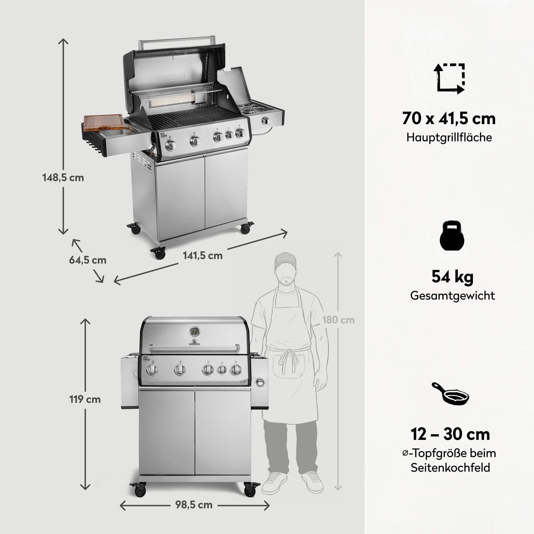 BURNHARD® Gasgrill 4-Brenner, 21,2 kW Gesamtleistung, Infrarot-Keramikbrenner, Seitenkochfeld, Edelstahl-Stabbrenner, Gussrost, große Grillfläche, Piezo-Zündung – Big FRED Deluxe