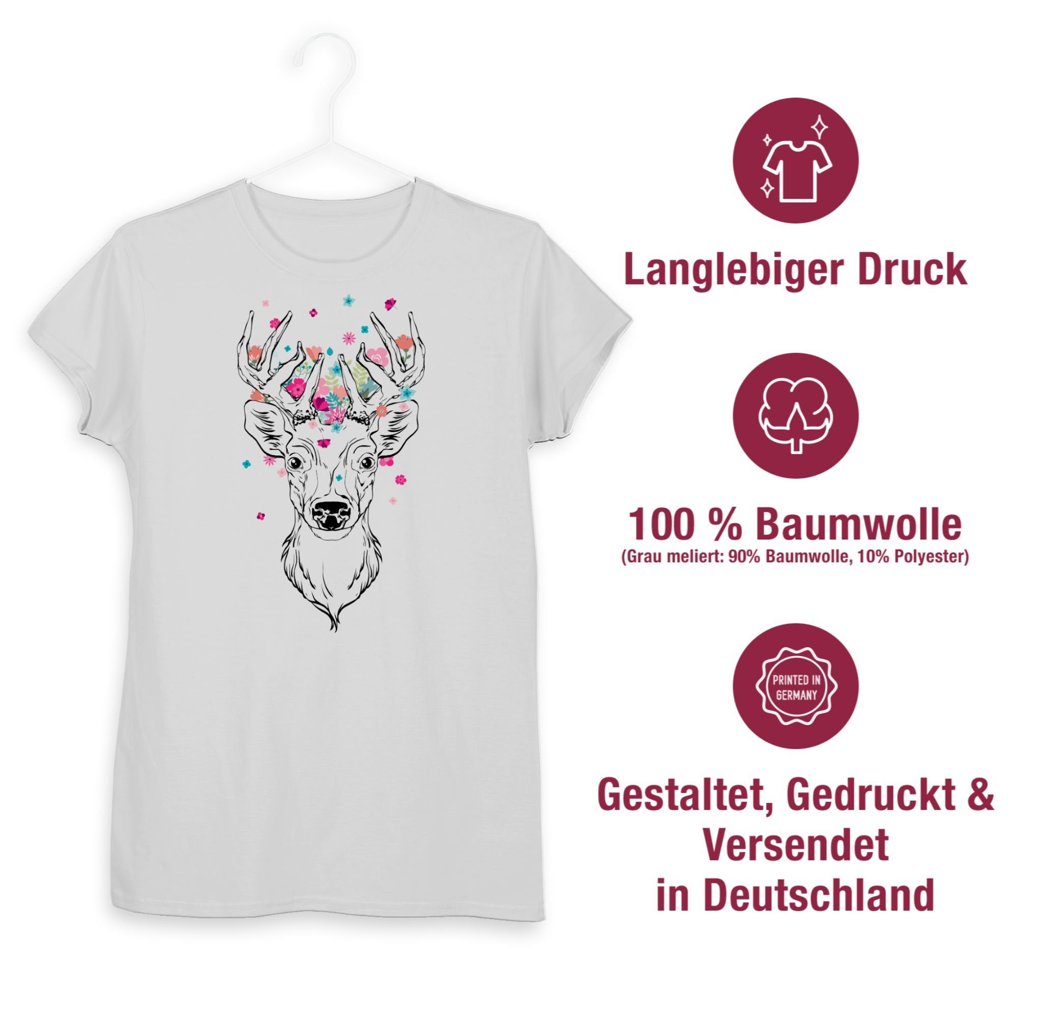 Damen Shirts Shirtracer T-Shirt Hirsch mit kleinen Blumen - schwarz - Mode für Oktoberfest Damen - Damen Premium T-Shirt (1-tlg)