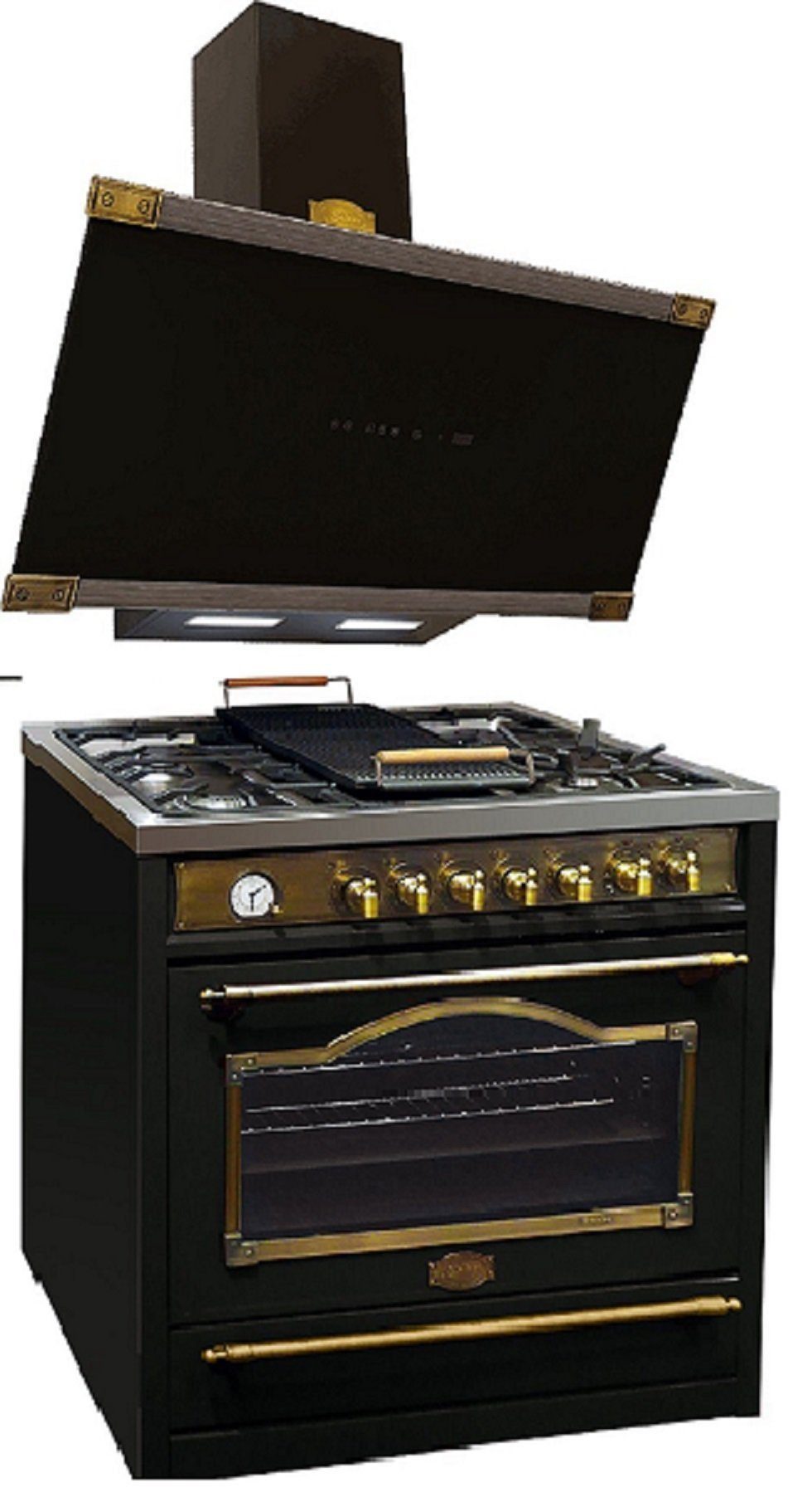 Kaiser Küchengeräte Gas-Standherd Retro Gas Elektro Standherd 90 cm +Dunstabzugshaube 90 cm HGE 93555 Em+AT 9445 AD., mit 1-fach-Teleskopauszug
