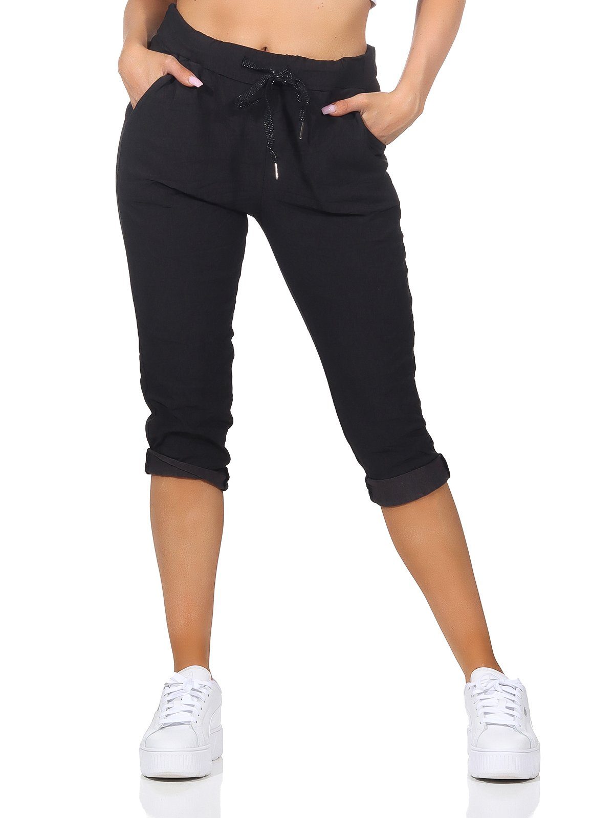 Aurela Damenmode 7/8-Hose Kordelzug, Bermuda Hose und sommerlichen Kurze 36-44 Damen Capri Sommerhose Schwarz Jeans Taschen Farben, in