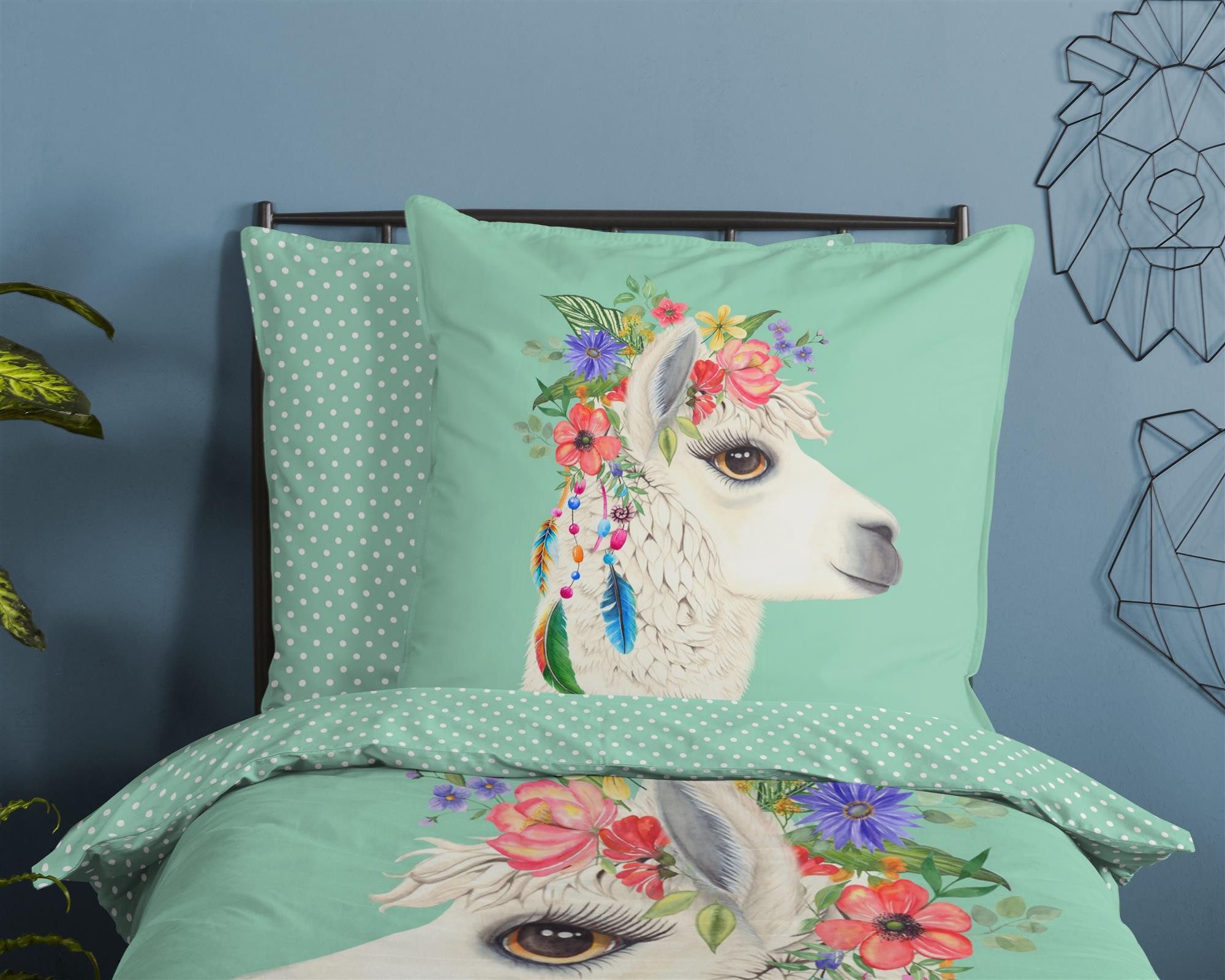 soma Bettwäsche Alpaka Lama Blumen pastell uni grün mint, Bettbezug Kopfkissenbezug Set kuschelig weich hochwertig