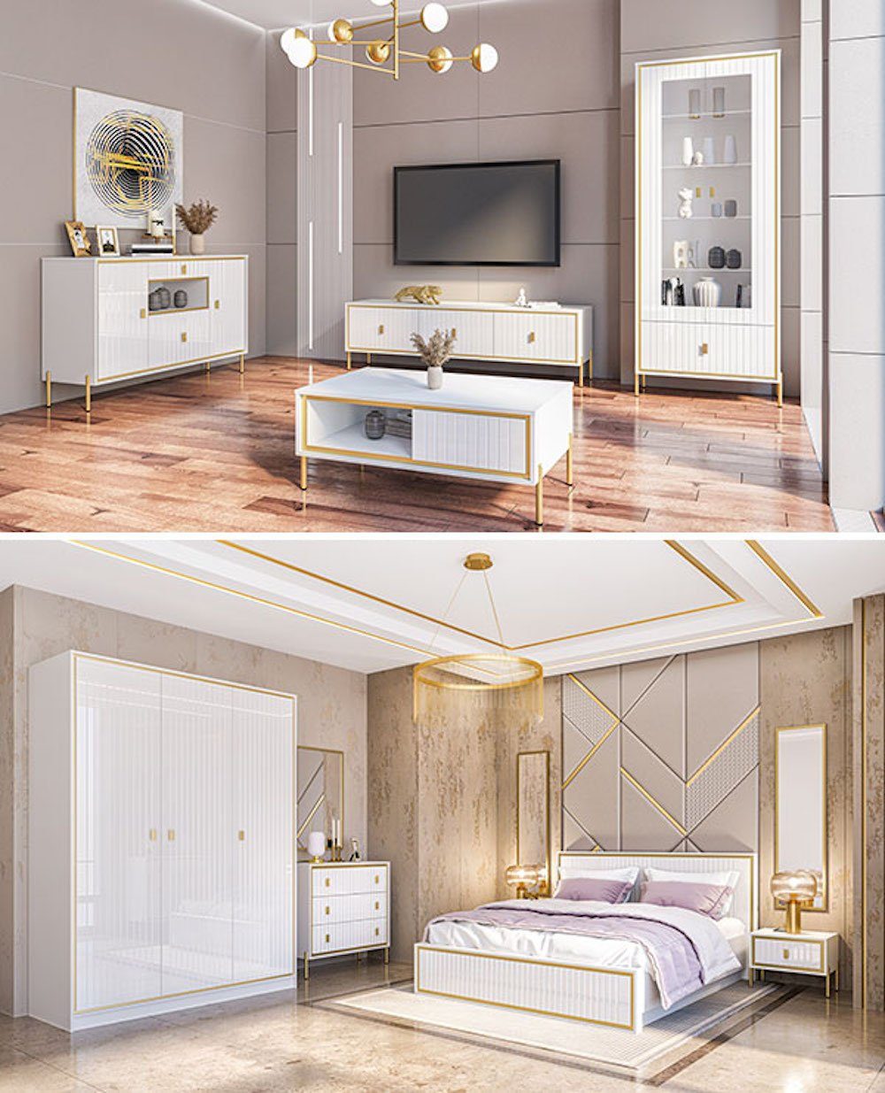 Hochglanz Gold Kleiderschrank Luxor Feldmann-Wohnen 163x62x220cm polarweiß