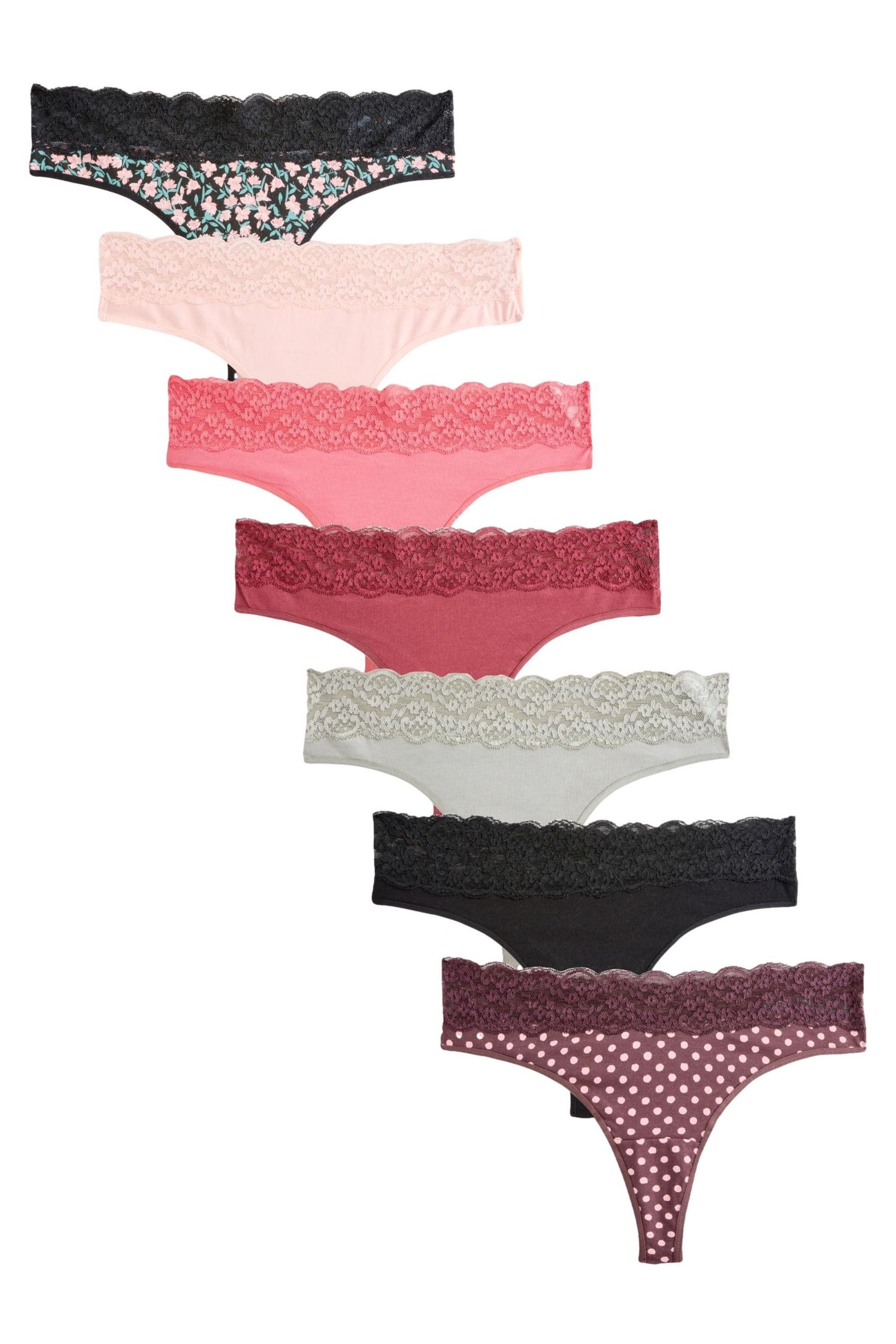Tanga Baumwollslips mit Spitze im 7er-Pack, Thong