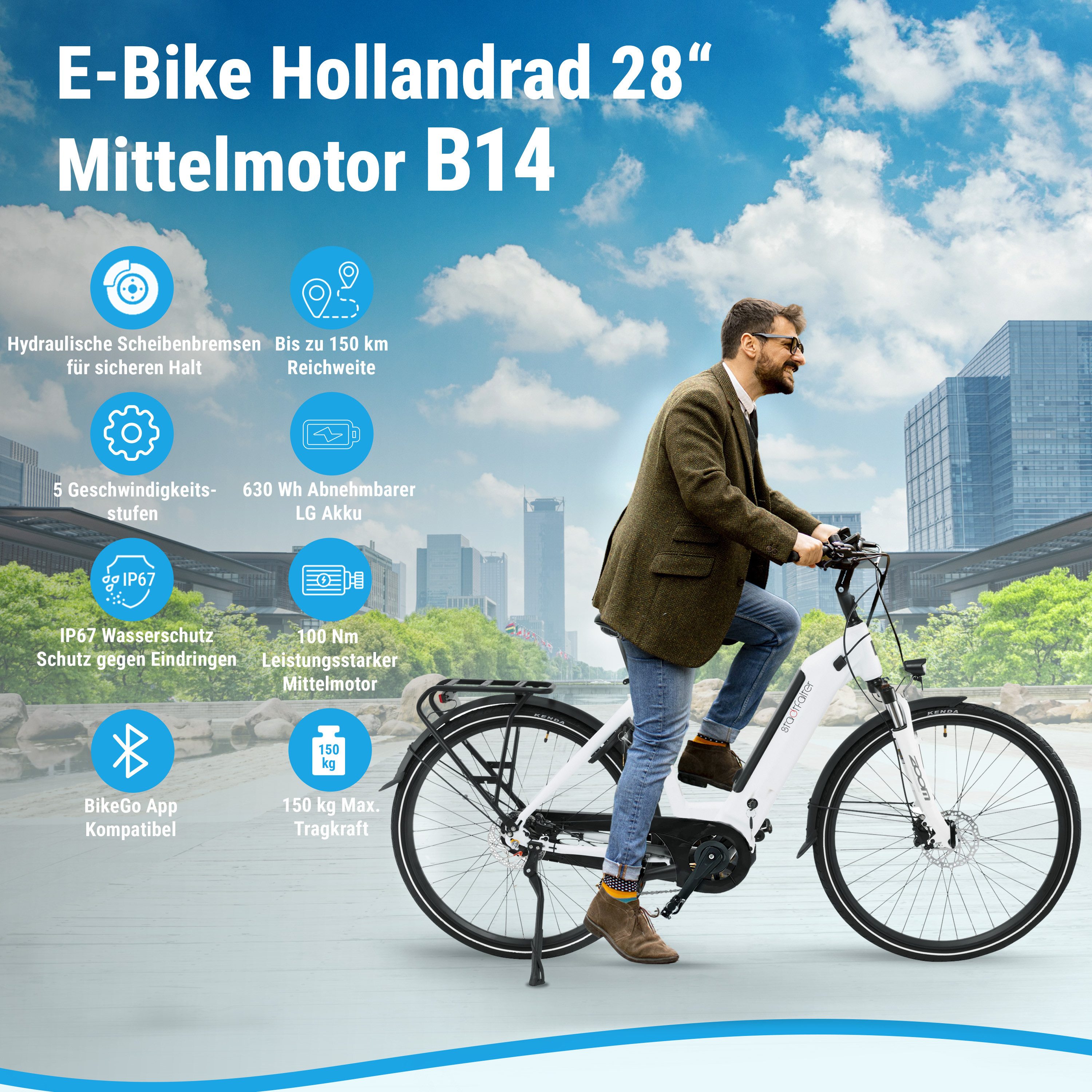 AsVIVA E-Bike Cityrad B14 28 Zoll, 7 Gang Shimano Nexus Schaltwerk, Nabenschaltung, Mittelmotor, 630 Wh, 630 Wh Akku, Mittelmotor 25 km/h, 7-Gang Shimano Nexus, Tiefeinsteiger