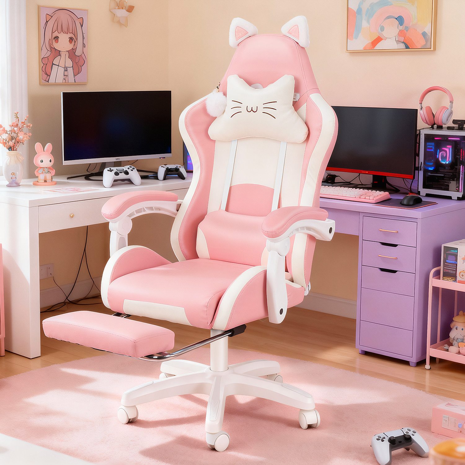 oyajia Gaming-Stuhl Bürostuhl Ergonomisch mit Kopfstütze und Katzenohren, PU-Leder (Gamer Stuhl, Racing Computerstuhl PC Stuhl mit Fußstütze Kopfstütze, 1 St), 115-125cm verstellbare Sitzhöhe, mit Lendenwirbelstütze