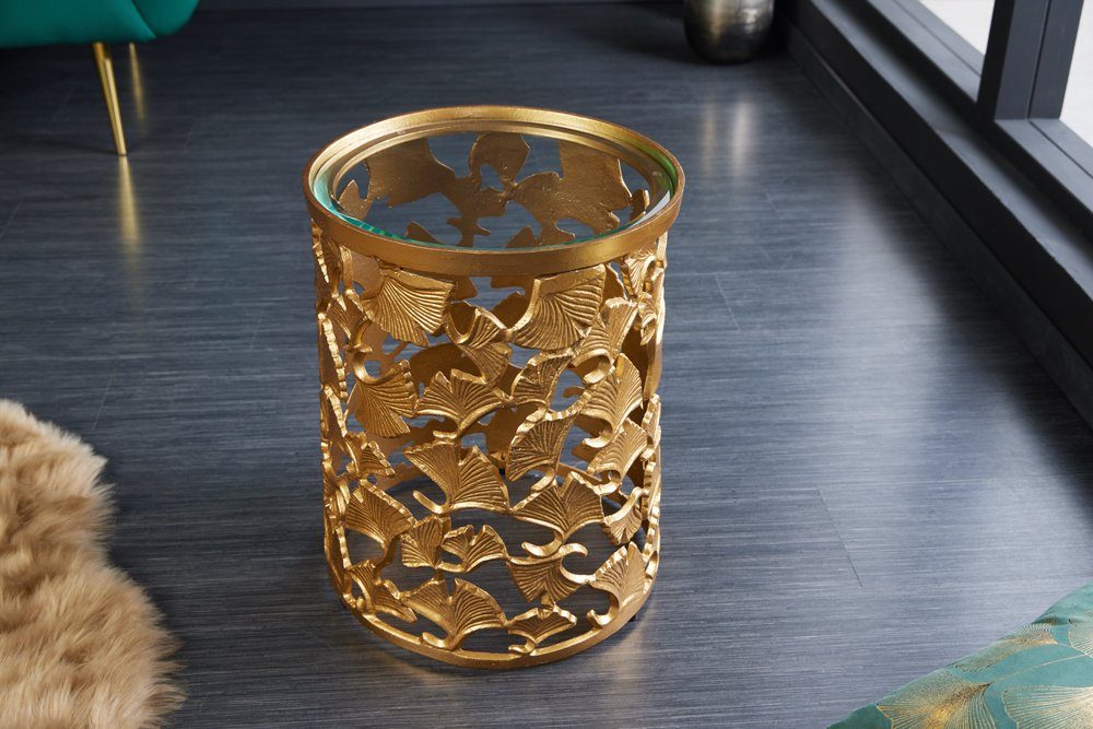 · gold 35cm Metall · 1-St), (Einzelartikel, · Style Wohnzimmer Beistelltisch rund GINKGO · handmade Vintage riess-ambiente