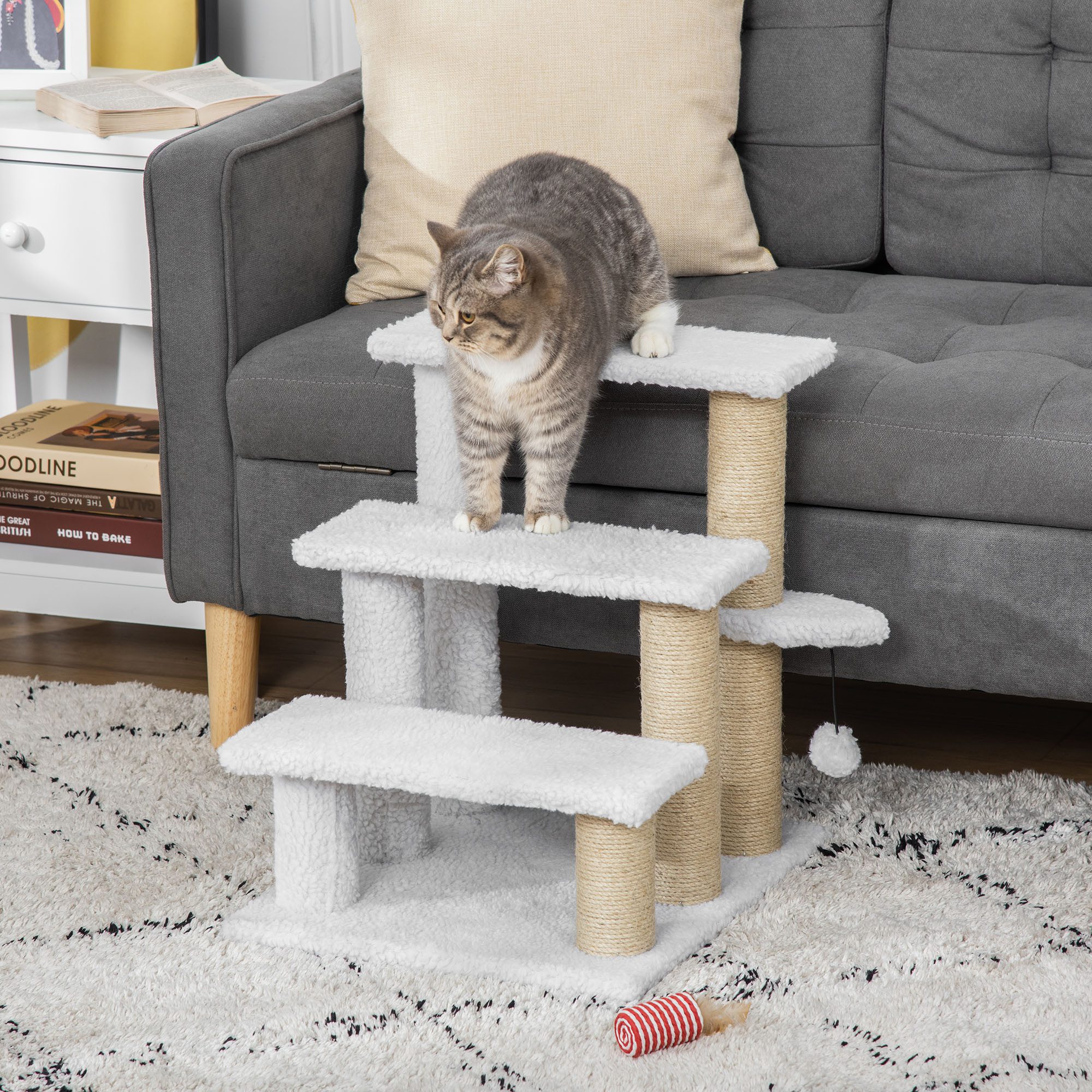 PawHut Haustiertreppe mit Kratzbaum Ball 3-stufige Tiertreppe Spanplatte Plüsch Jute Weiß 45 x 40 x 48 cm von PawHut