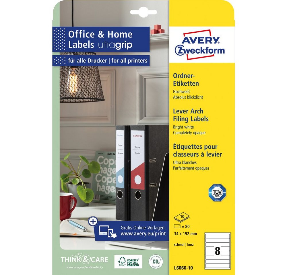 Thumbnail - Avery Zweckform Etikett Avery-Zweckform Ordner-Etiketten L6060-10 34 x 192 mm Papier Weiß Perm