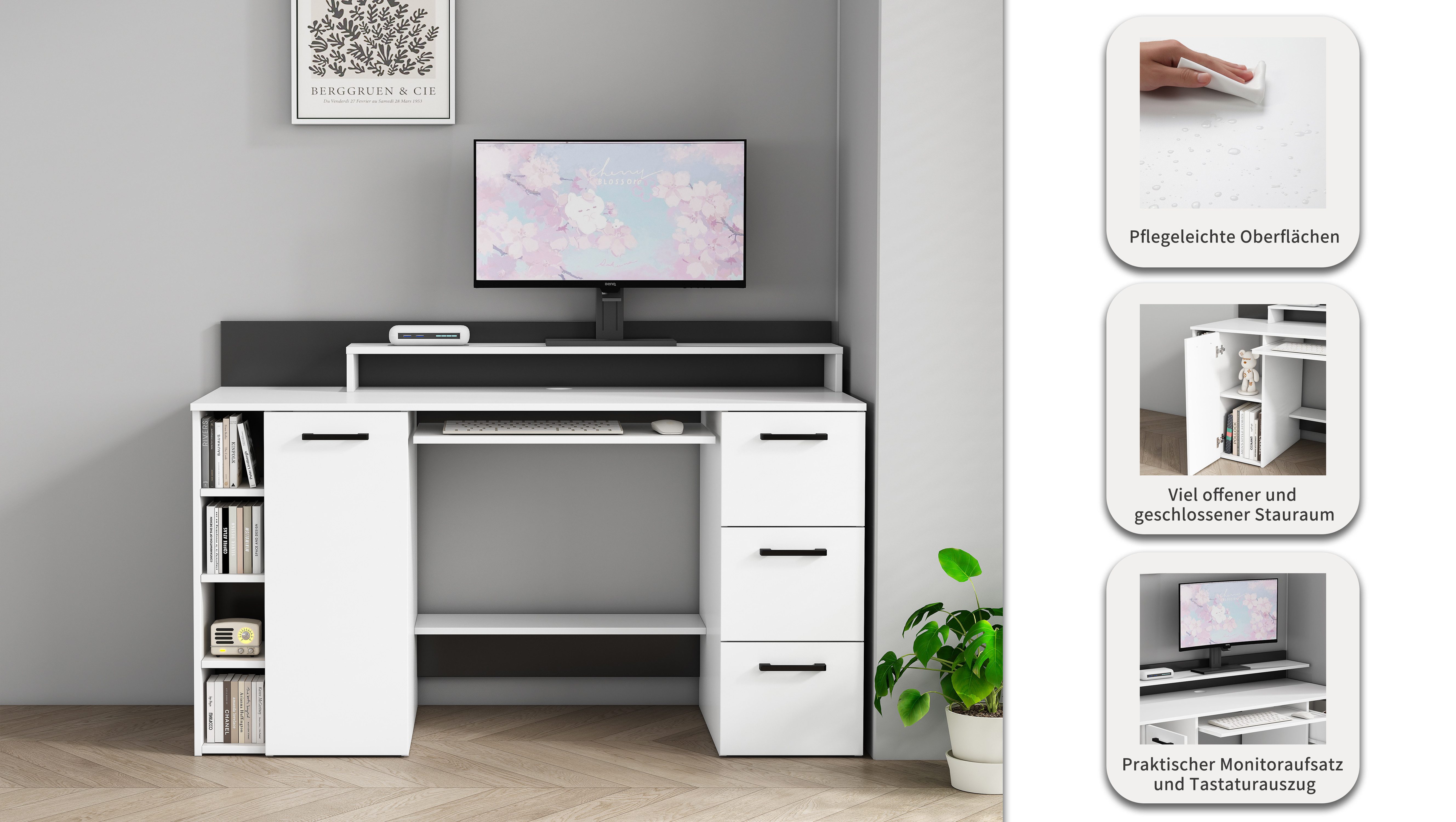 OTTO home Schreibtisch Moid, mit Schubladen, Tastaturauszug und Monitorablage, Breite 140 cm