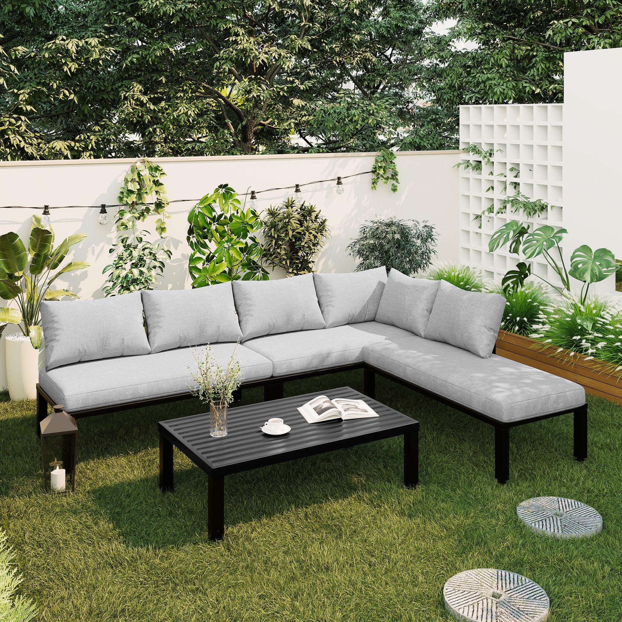 MODFU Gartenlounge-Set 6-tlg. Gartenmöbel-Set mit Lounge-Sesseln in Grau, (Set, 2-tlg., Verstellbare Elemente, abnehmbare Rückenlehnen, modulares Design), Robuster Eisentisch, wetterfest für Terrasse & Garten