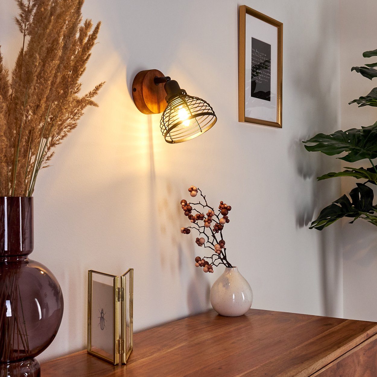 Wandleuchte und Vintage/Retro dreh-/schwenkbar Leuchtmittel, Leuchtenkopf ist aus »Rome« E14, Holz, ohne dunkeln Metall Schwarz in Look Wandlampe Zimmerlampe, hofstein