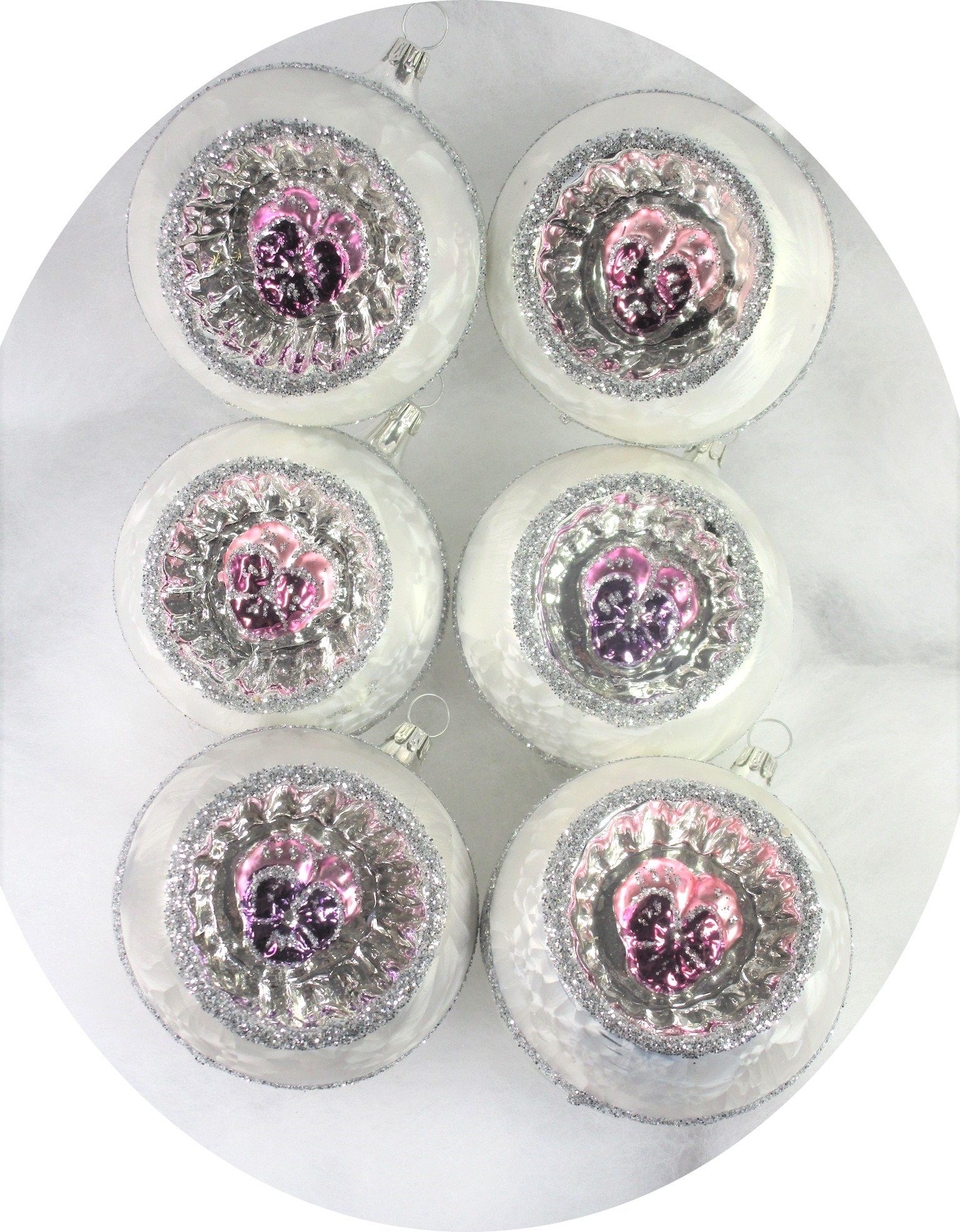 Christbaumschmuck Reflexkugeln 8 cm, silbern, Eislack und Veilchen