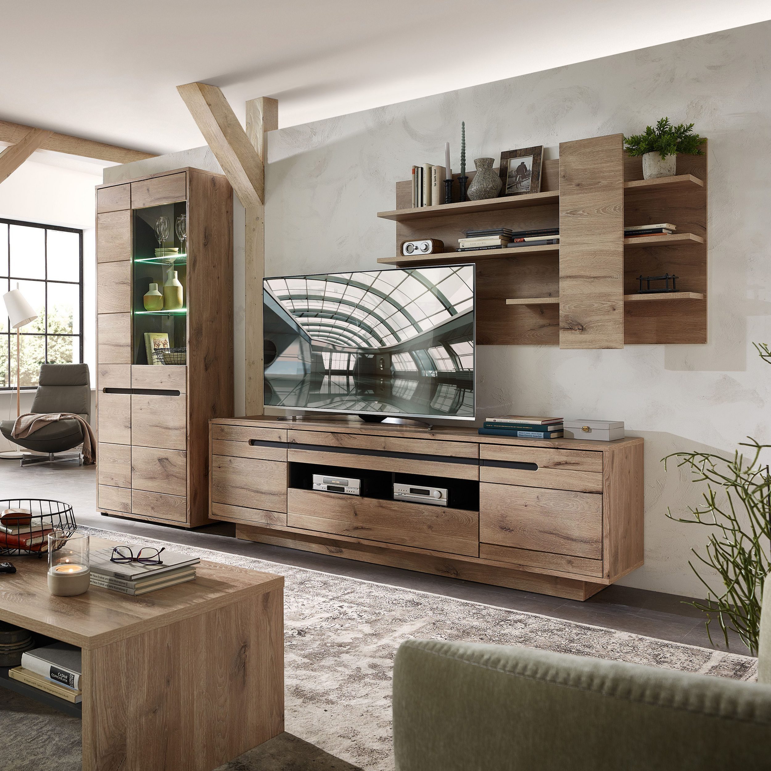 Innostyle Wohnwand Wohnzimmerschrank Wohnlösung BELLANO Viking Oak Nature Nachbildung, (Komplett-Set, 3-St., 1x Wohnwand)