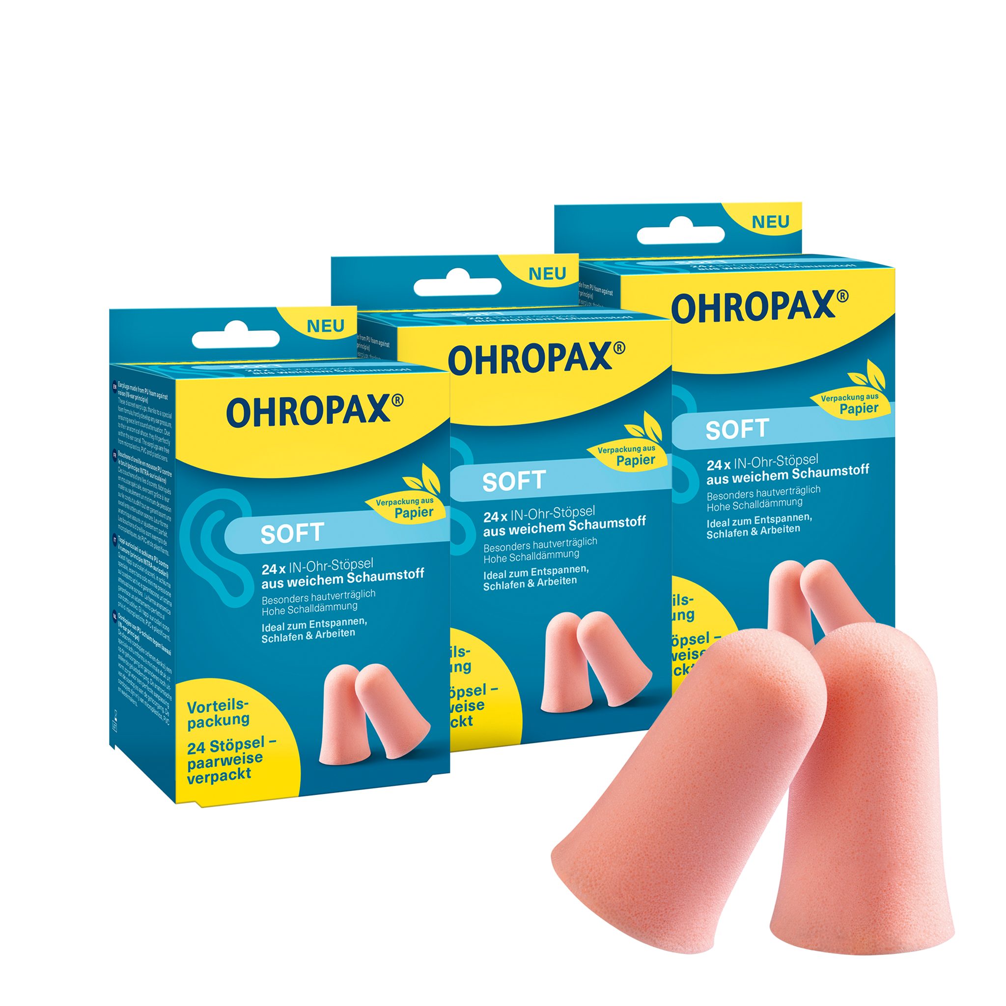 OHROPAX Gehörschutzstöpsel OHROPAX Soft Ohrstöpsel, 3x24 St., Schaumstoff-Gehörschutz