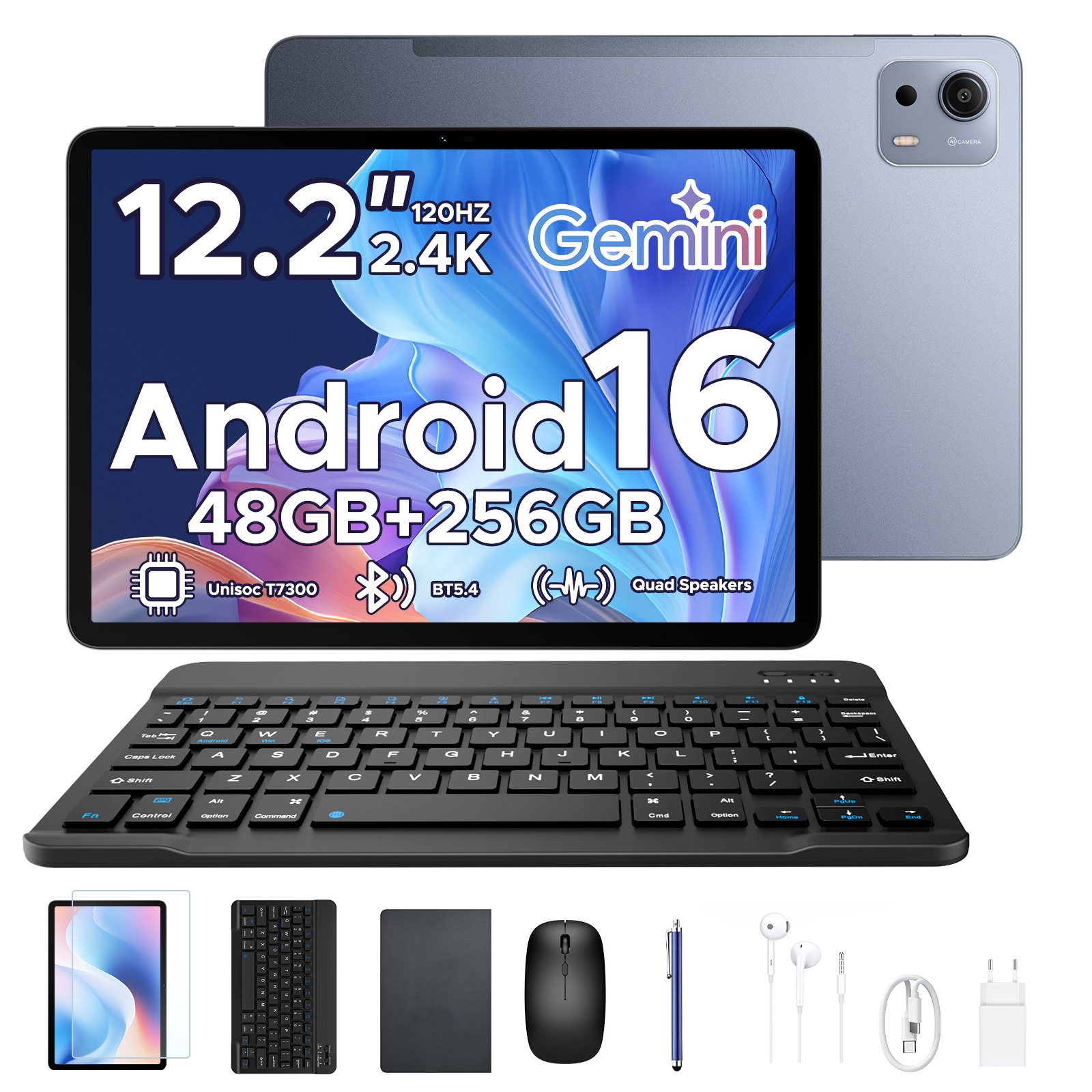 POCKAM P12 Plus 12 Zoll, 2,4K 120 Hz, Android 16, 12000 mAh, mit Tastatur Tablet (12", 256 GB, Android 16, 256GB ROM, T7300 Octa-core,5G WiFi, 8MP+13MP, Gemini AI, Face ID, OTG)