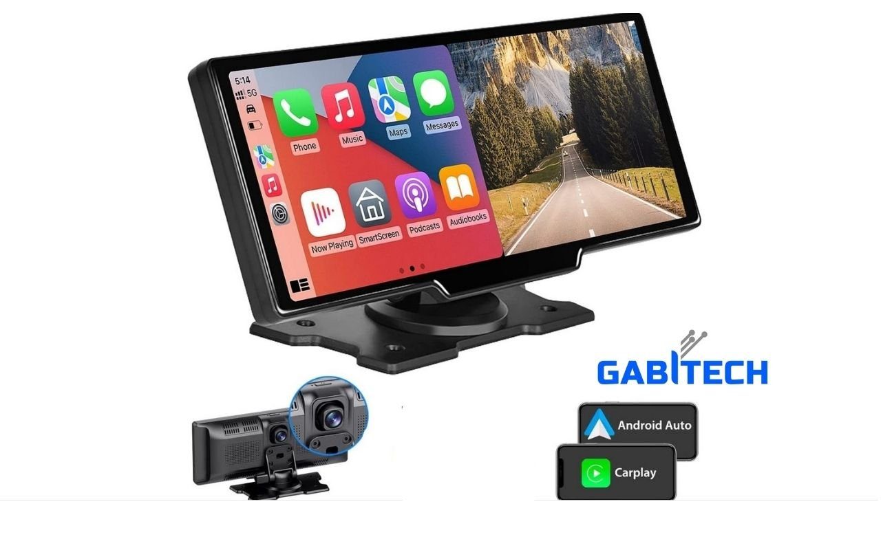 GABITECH 10 Zoll Monitor & Dashcam Kamera Carplay für Auto LKW PKW Wohnmobil Навігаціяsgerät (Zentraleuropa (19 Länder), Videoaufzeichnung, Sprachsteuerung, Android und Apple, Bluetooth)