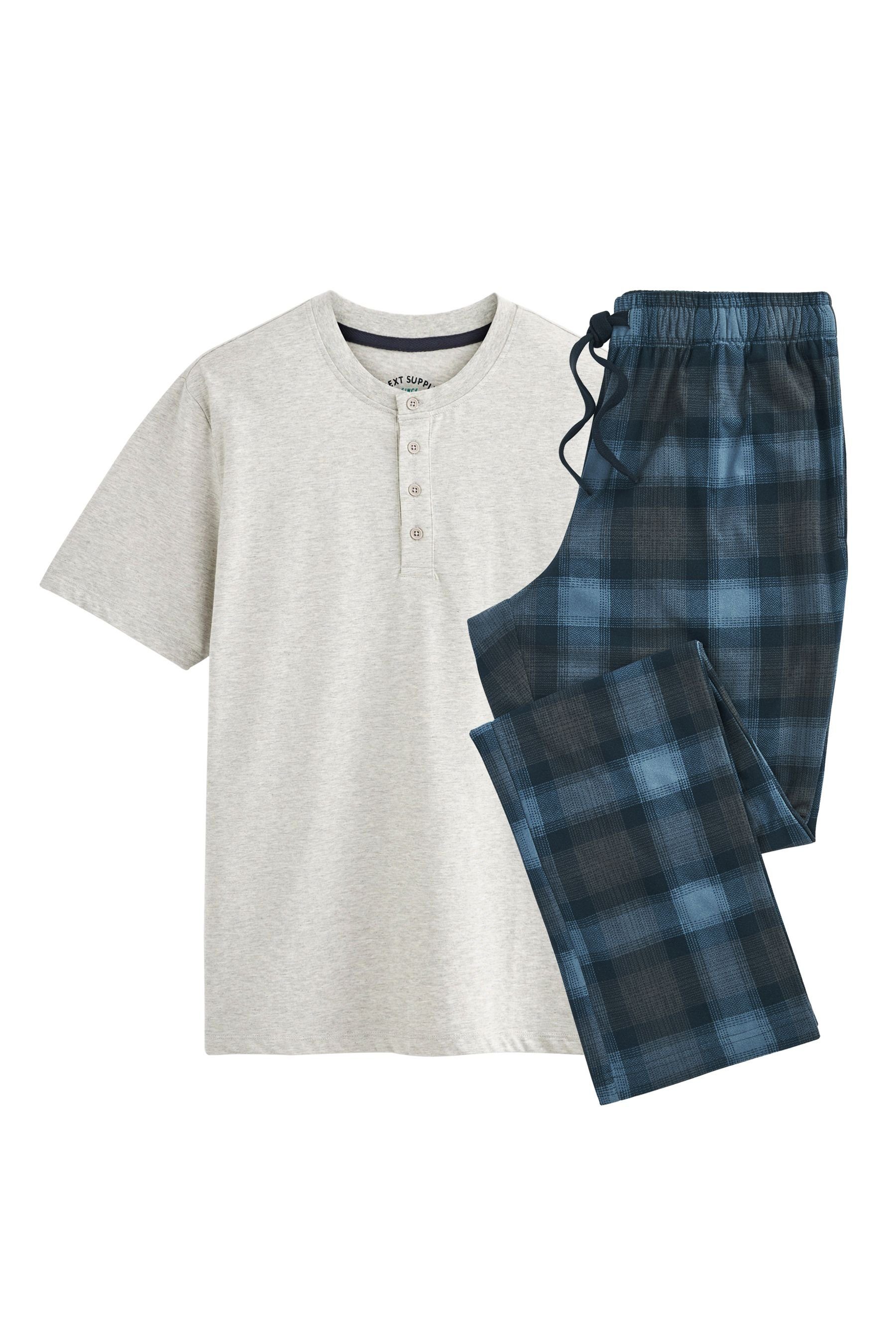 (2 Grey/Blue Pyjama Next Bequemer Check Motionflex tlg) Schlafanzug