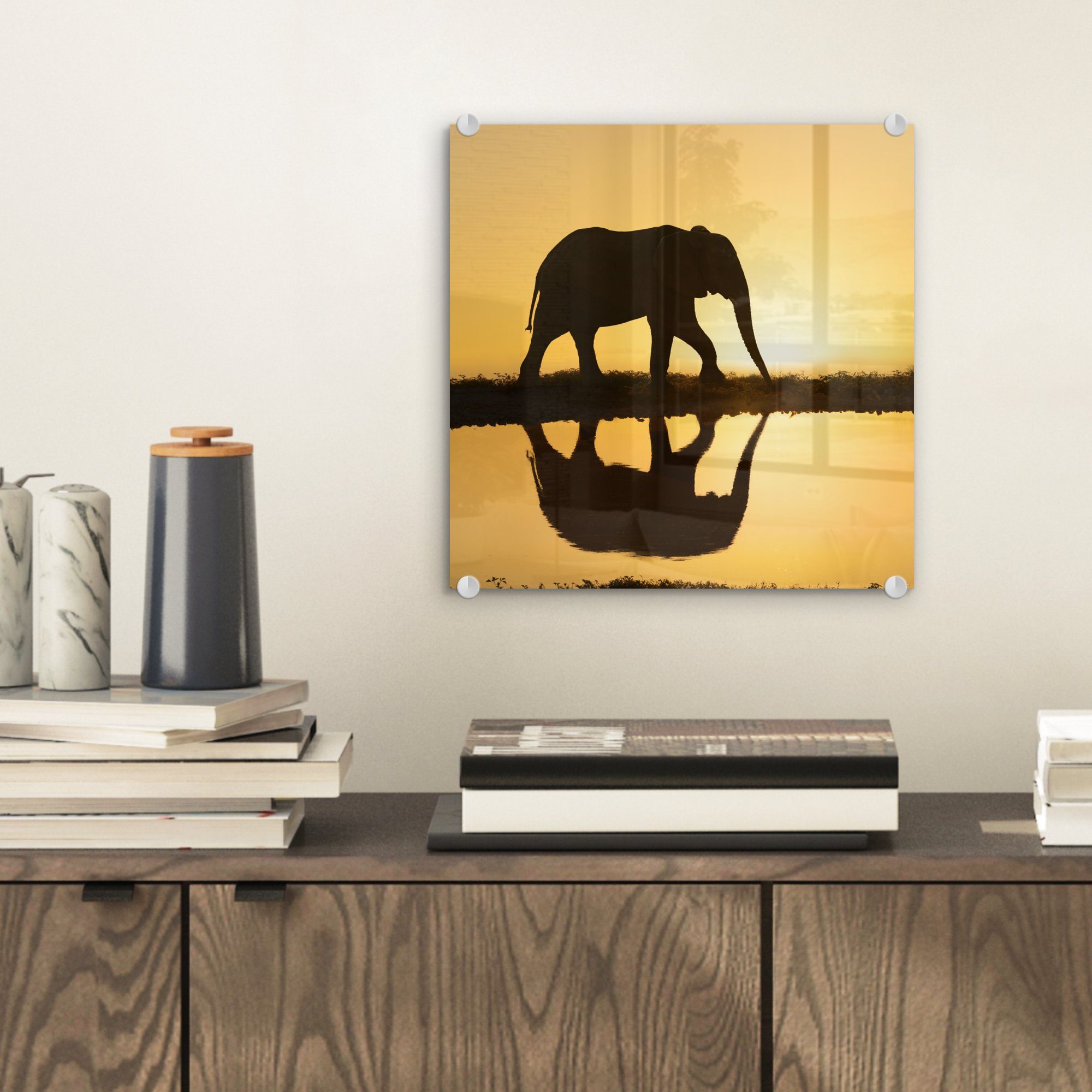 eines MuchoWow St), bunt auf Foto Bilder (1 - Glas Glas Sonnenuntergang, Wandbild - auf Silhouette Wanddekoration - Acrylglasbild Elefanten Glasbilder bei