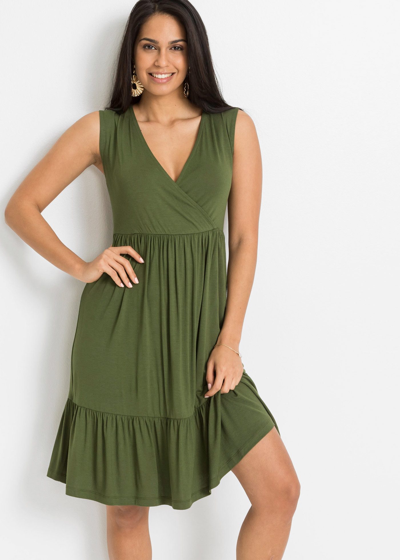 bonprix Jerseykleid für eleganten Look, ärmellos, ohne Kragen, A-Linie, mit Volant